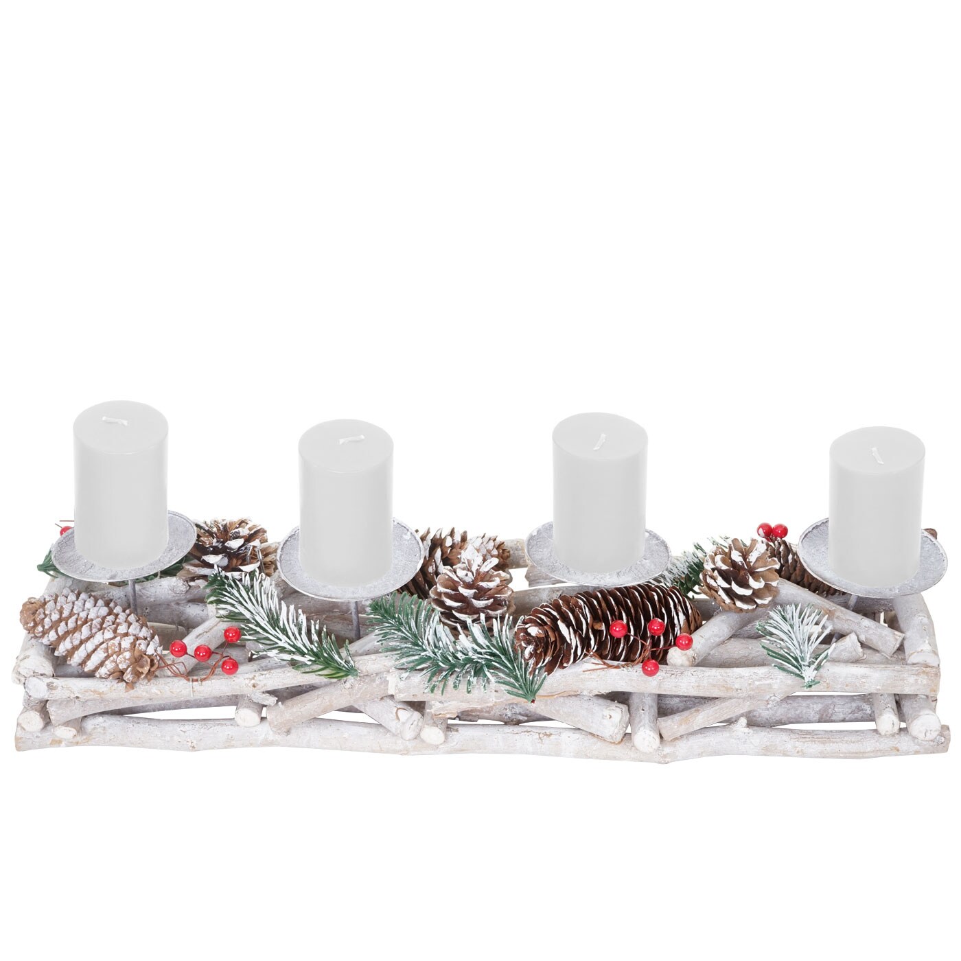 Adventsgesteck l&auml;nglich, Weihnachtsdeko Adventskranz, Holz 11x15x50cm wei&szlig;-grau ~ mit Kerzen, wei&szlig; - Bild 1