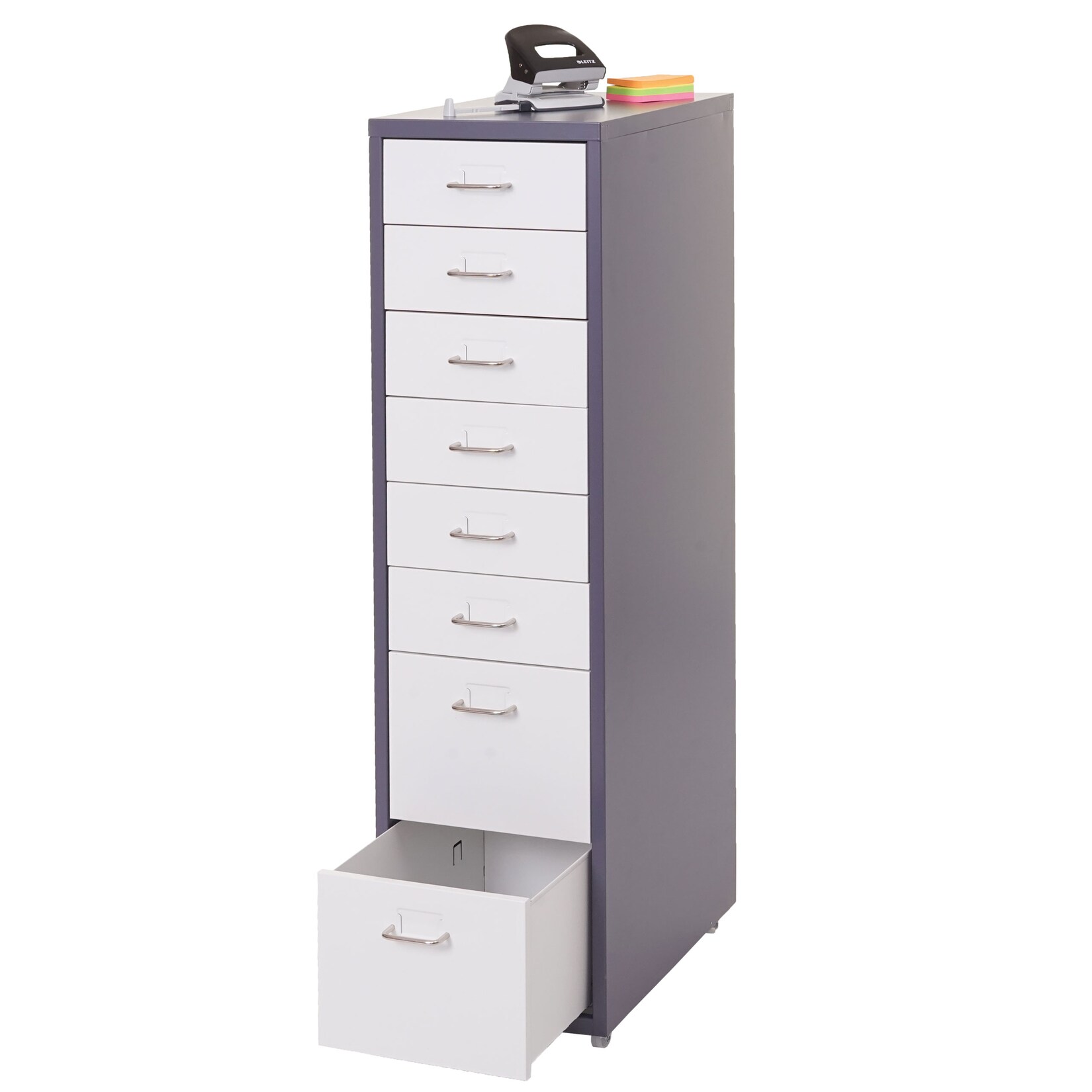 Rollcontainer Preston T851, Schubladenschrank Stahlschrank, 110x28x41cm 8 Schubladen ~ dunkelgrau weiß