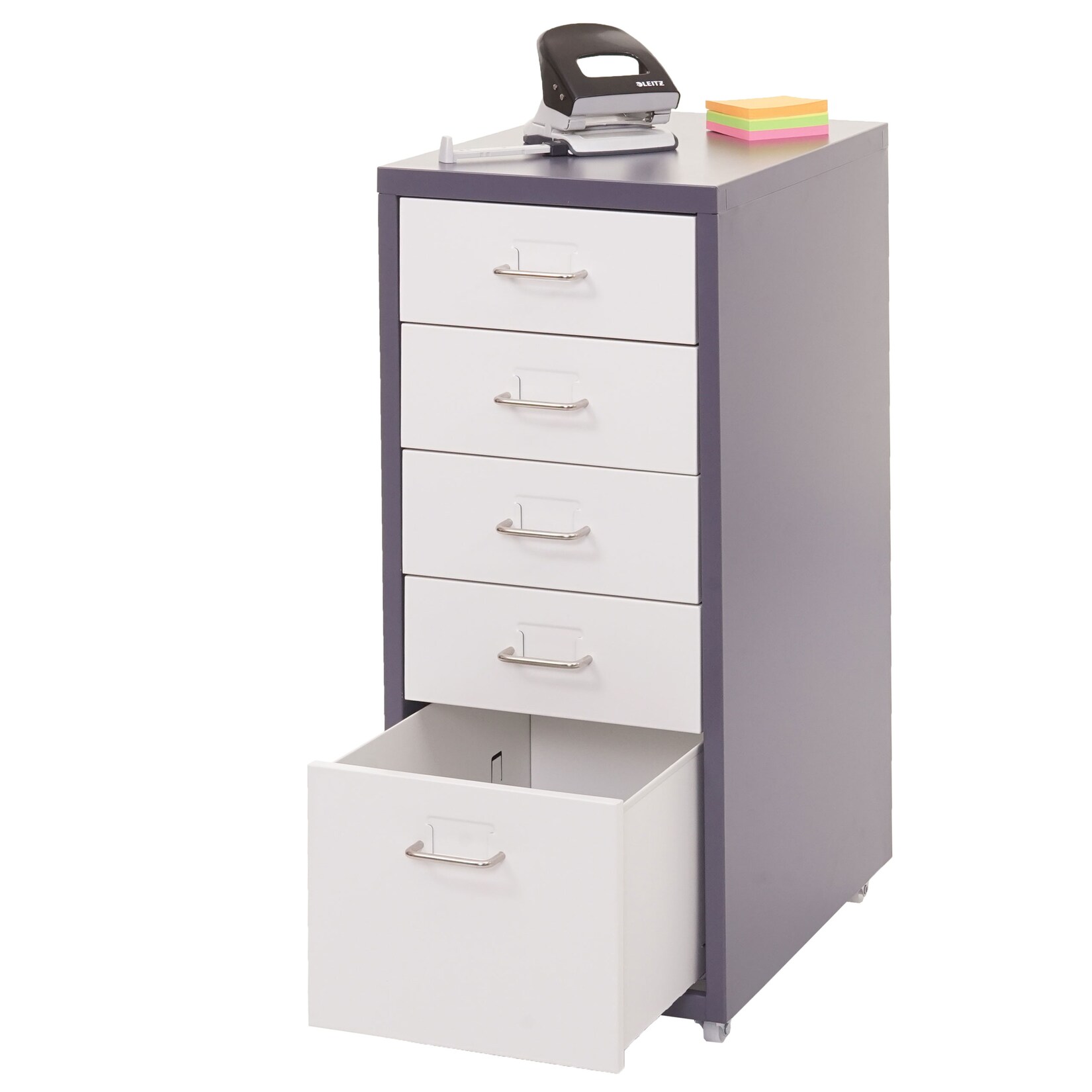 Rollcontainer Preston T851, Schubladenschrank Stahlschrank, 69x28x41cm 5 Schubladen ~ dunkelgrau weiß