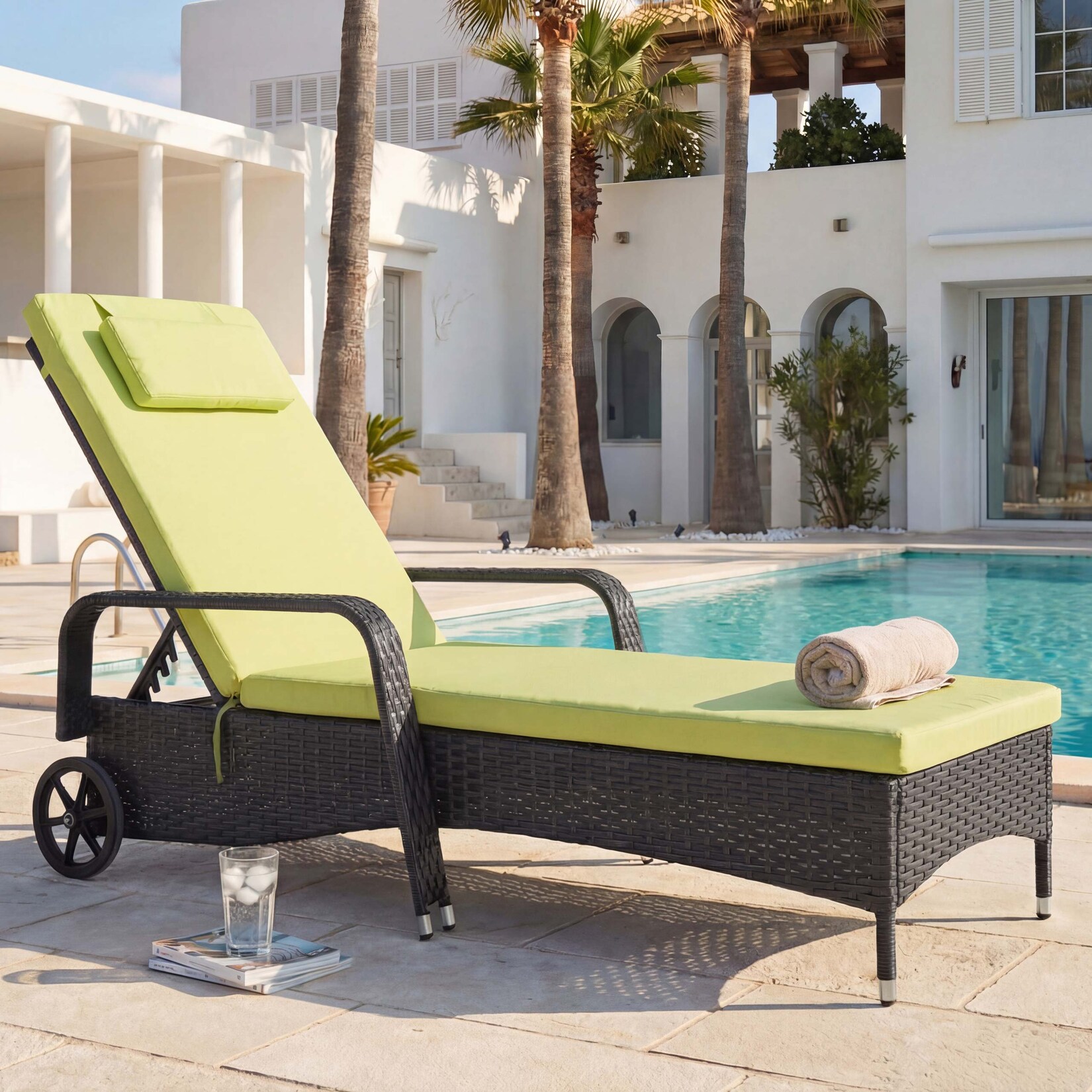 Poly-Rattan Sonnenliege Cesena, Relaxliege Gartenliege Liege, Alu ~ anthrazit, Kissen hellgrün