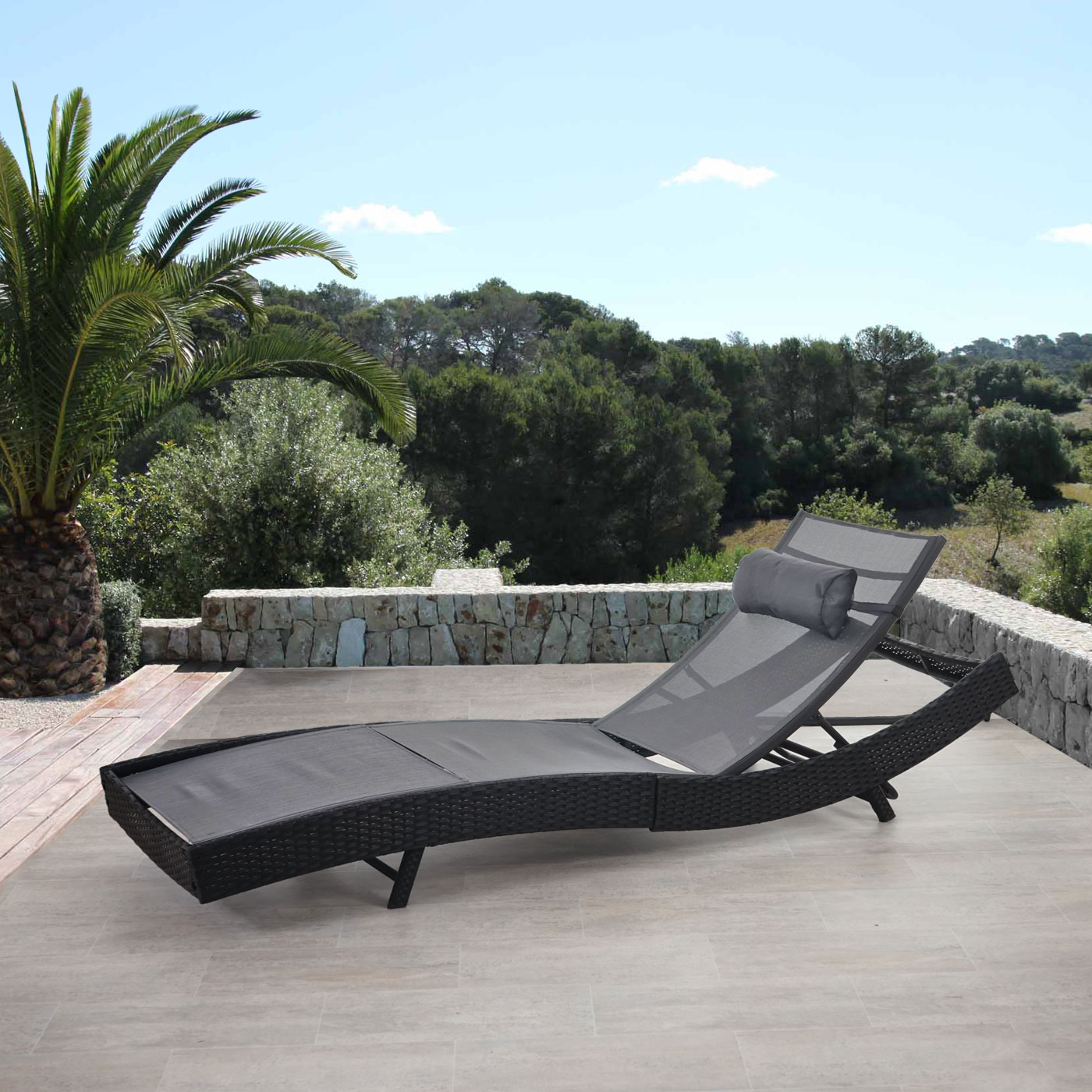 Sonnenliege Phoenix, Relaxliege Gartenliege Liege, Poly-Rattan ~ anthrazit, Bezug grau - Bild 1