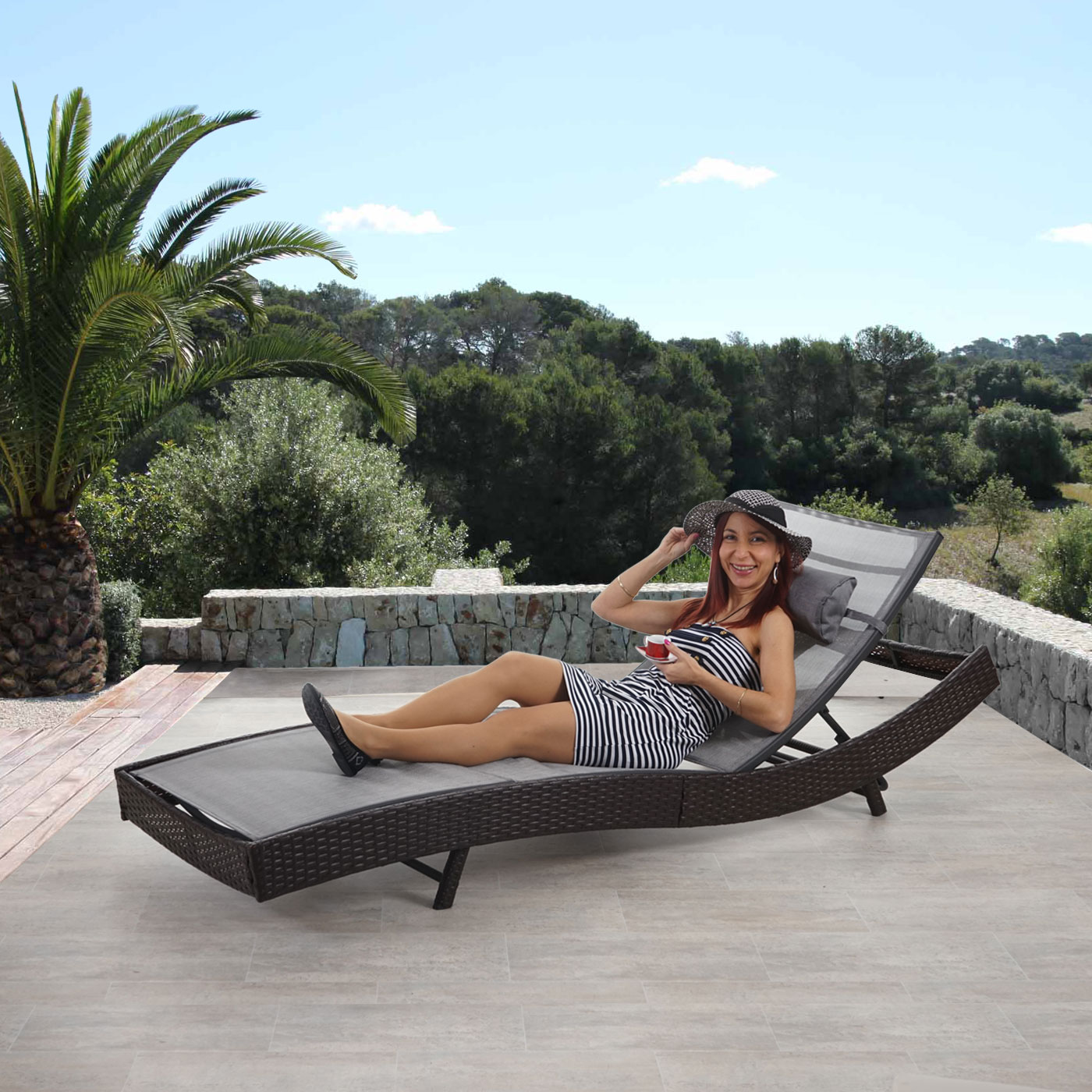 Sonnenliege Phoenix, Relaxliege Gartenliege Liege, Poly-Rattan ~ braun-meliert, Bezug grau - Bild 1