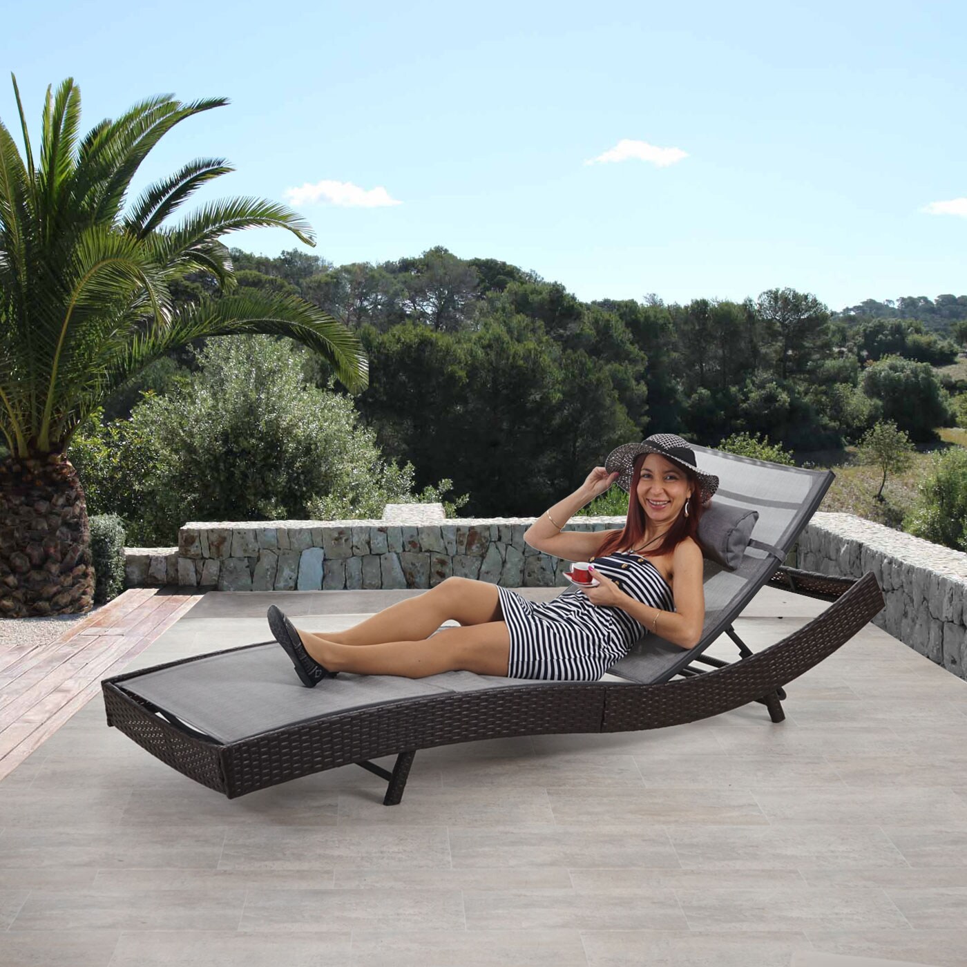 Sonnenliege Phoenix, Relaxliege Gartenliege Liege, Poly-Rattan ~ braun-meliert, Bezug grau