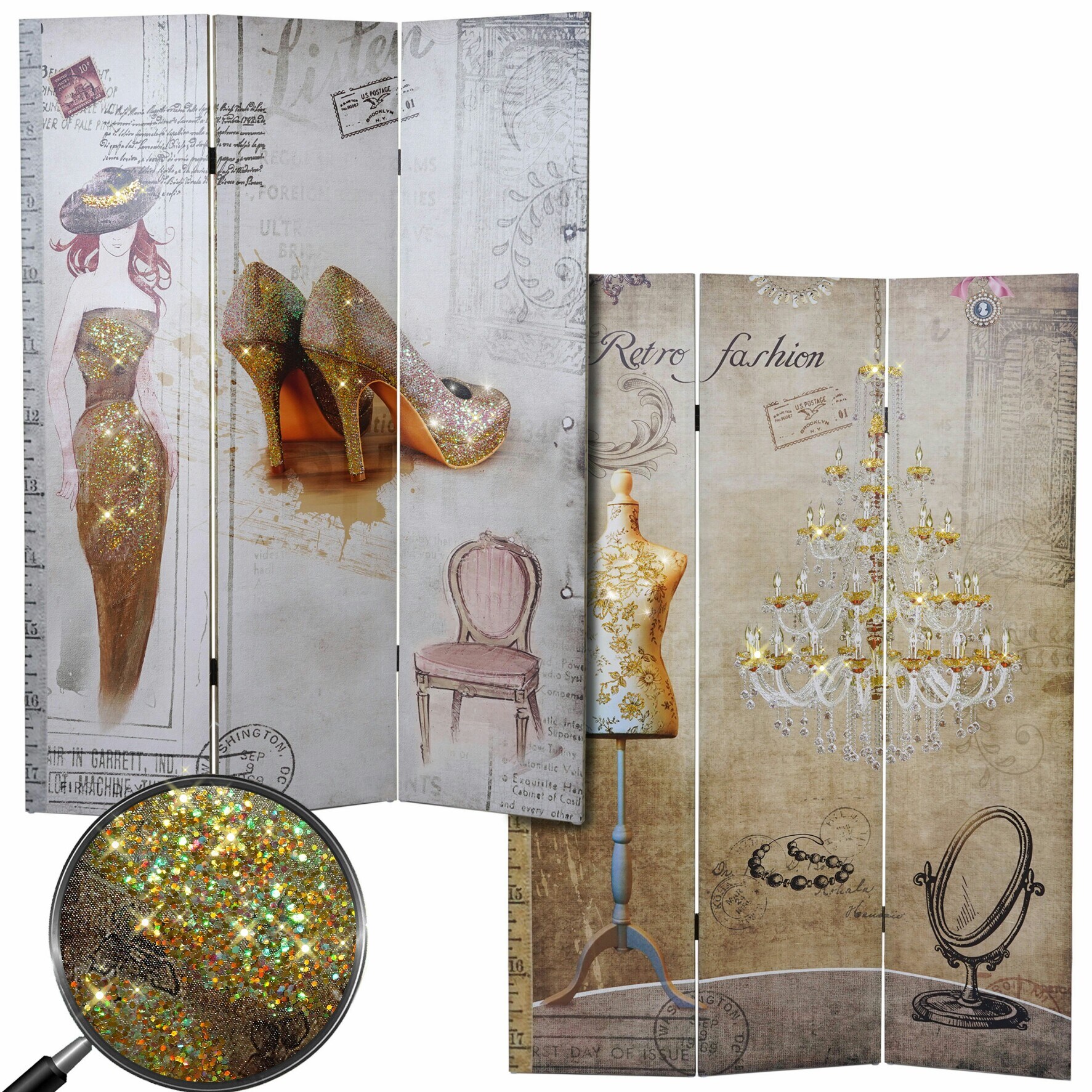 Foto-Paravent Retro, Raumteiler Trennwand, Glitzer Fashion MVG-zertifiziert ~ 180x120cm - Bild 1