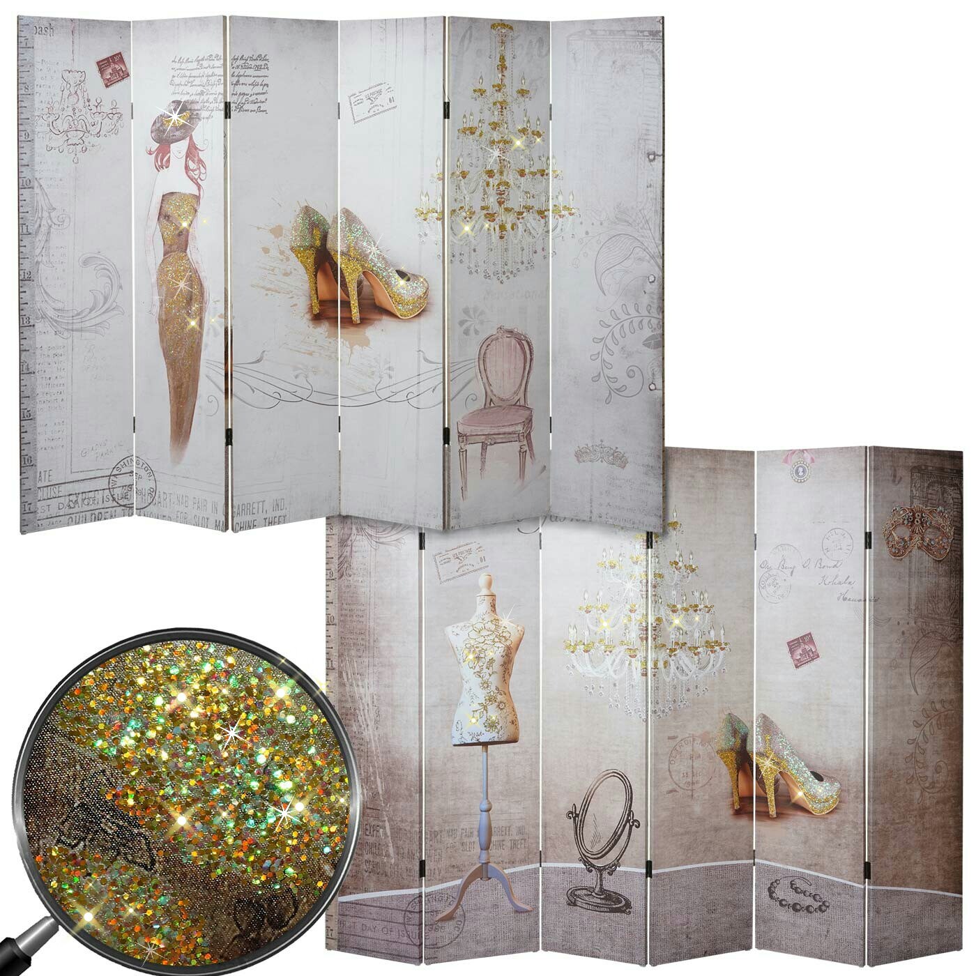 Foto-Paravent Retro, Raumteiler Trennwand, Glitzer Fashion MVG-zertifiziert ~ 180x240cm | 04057651171012