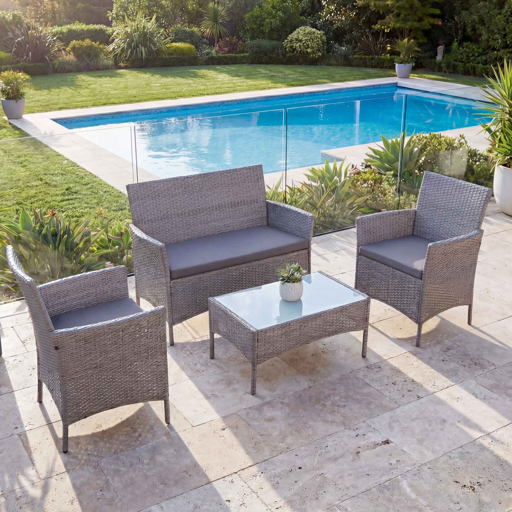 2-1-1 Poly-Rattan Garten-Garnitur Hamar, Sitzgruppe Lounge-Set Sofa ~ grau, Kissen anthrazit