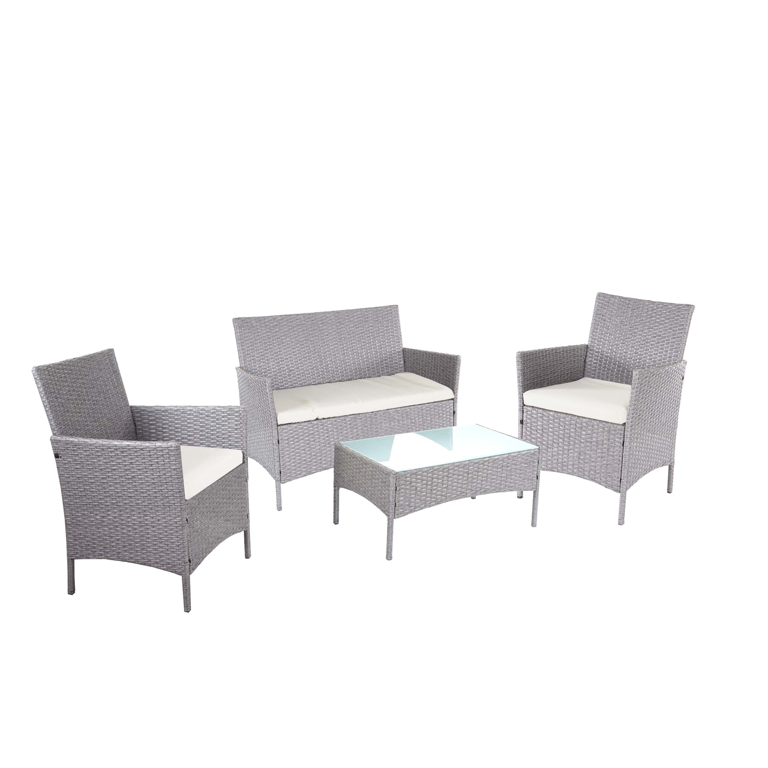 2-1-1 Poly-Rattan Garten-Garnitur Hamar, Sitzgruppe Lounge-Set Sofa ~ grau, Kissen creme - Bild 1