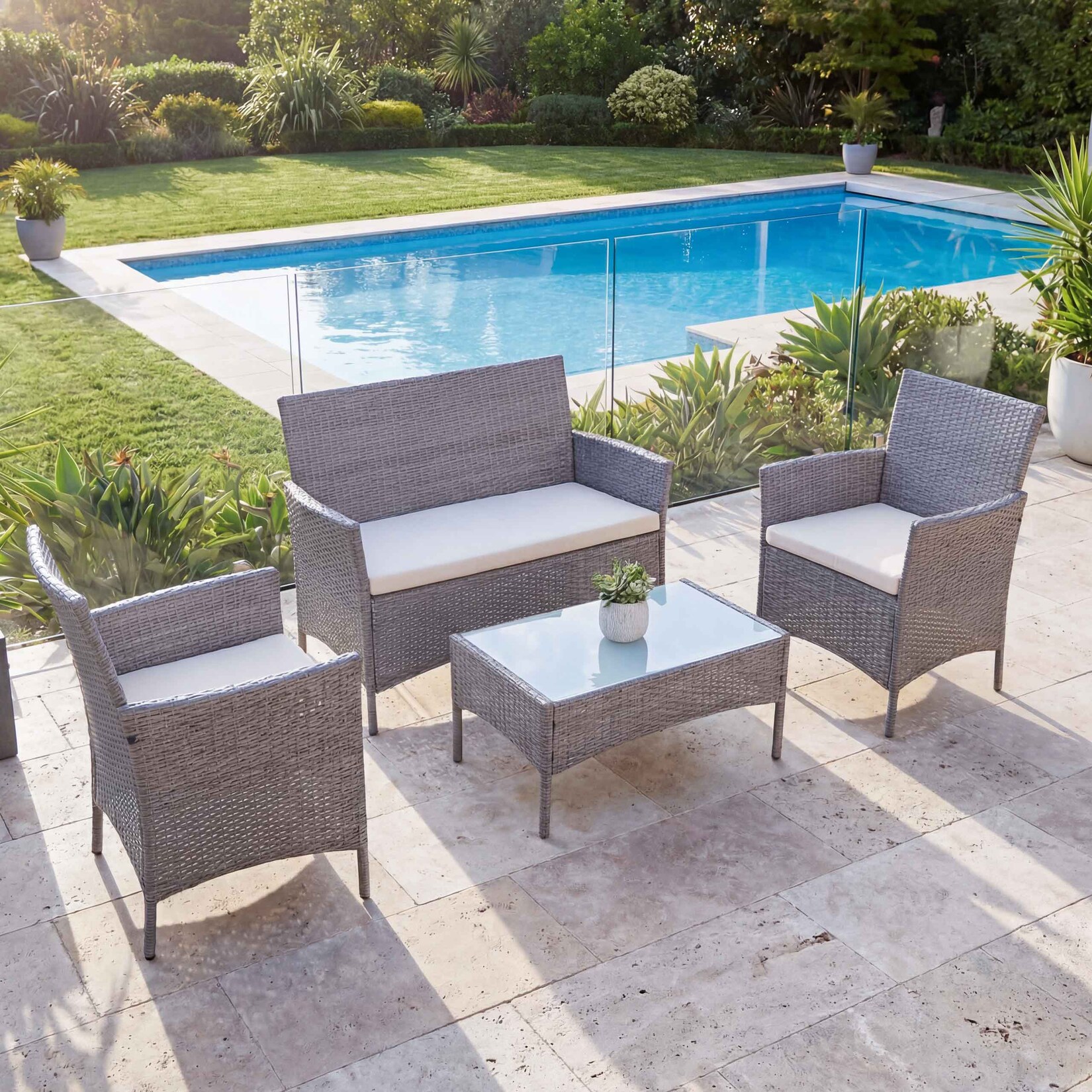 2-1-1 Poly-Rattan Garten-Garnitur Hamar, Sitzgruppe Lounge-Set Sofa ~ grau, Kissen creme