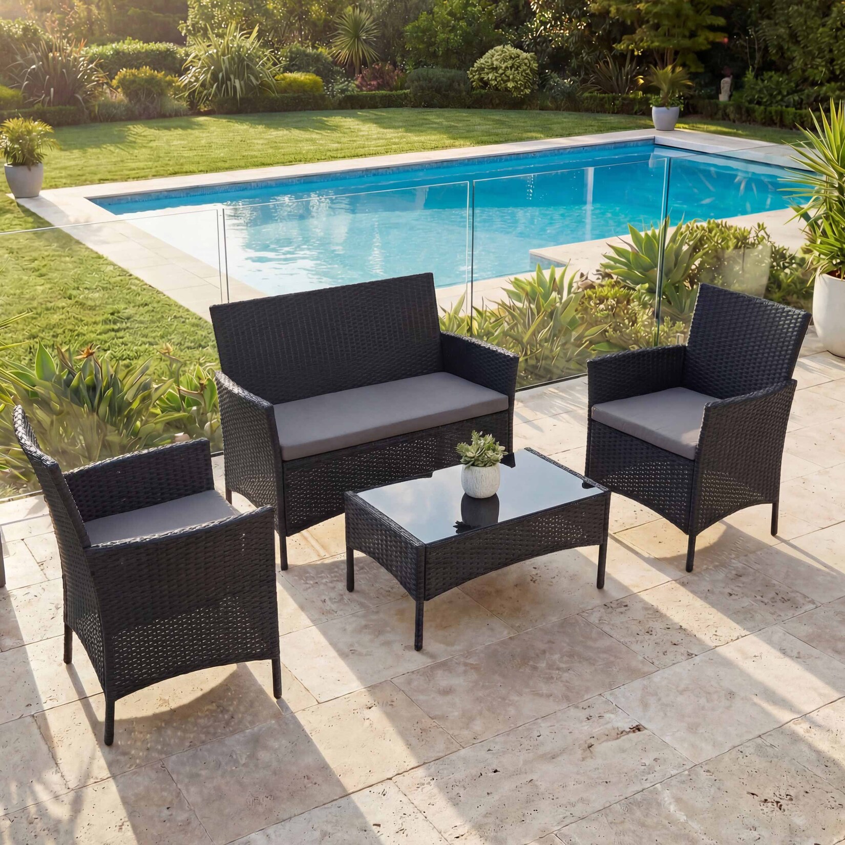 2-1-1 Poly-Rattan Garten-Garnitur Hamar, Sitzgruppe Lounge-Set Sofa ~ anthrazit, Kissen anthrazit