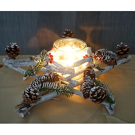Tischkranz Stern, Weihnachtsdeko Adventskranz, Holz mit Kerzenglas 40x40x12cm weiß-grau - Bild 1