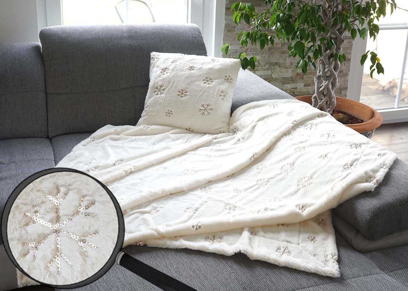 Set Kuscheldecke + Deko-Kissen Schnee, Wohndecke Sofadecke Zierkissen+F&uuml;llung, flauschig Pailletten - Bild 1