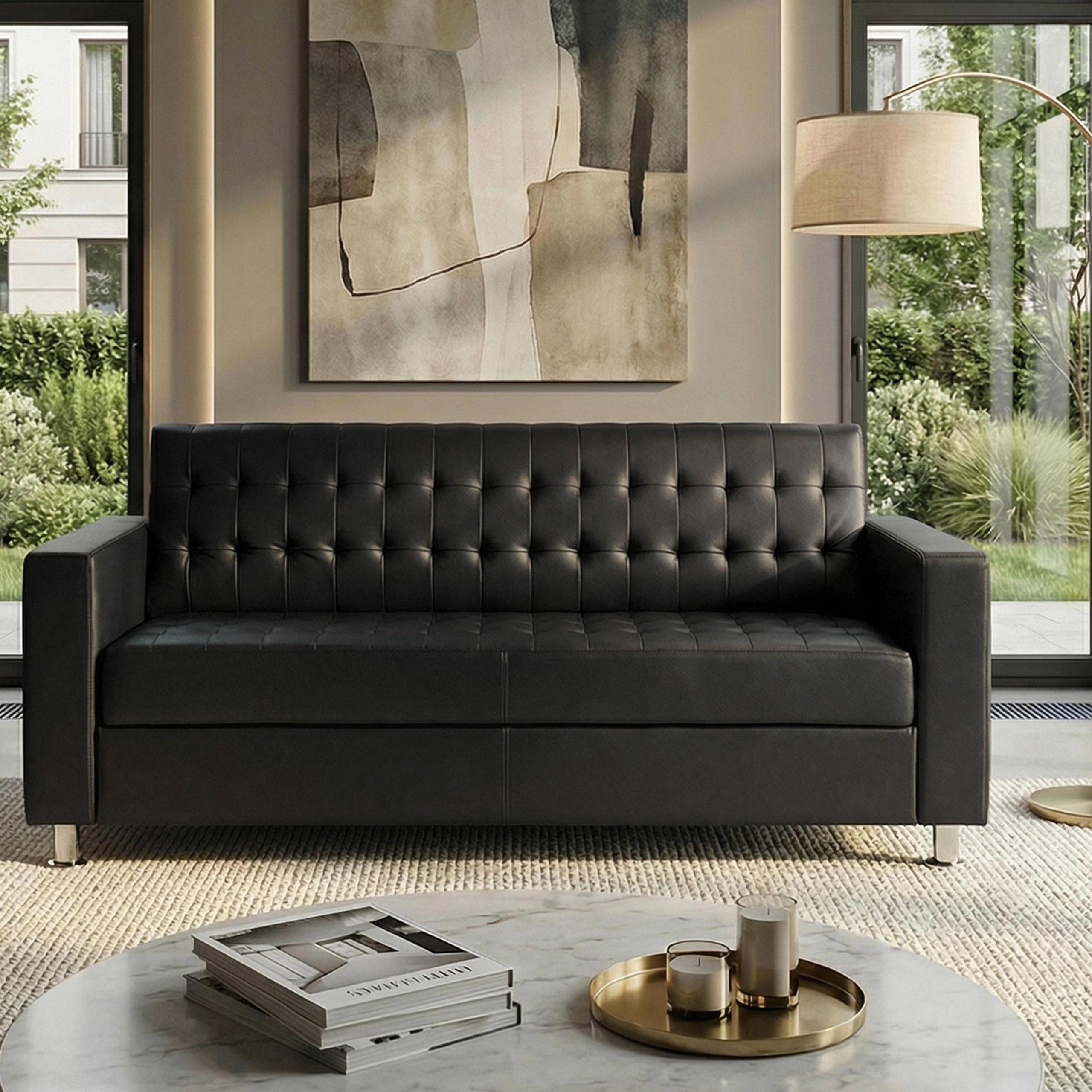 3er Sofa Pori, Couch Loungesofa, Kunstleder, Metall-F&uuml;&szlig;e 180cm ~ schwarz - Bild 1