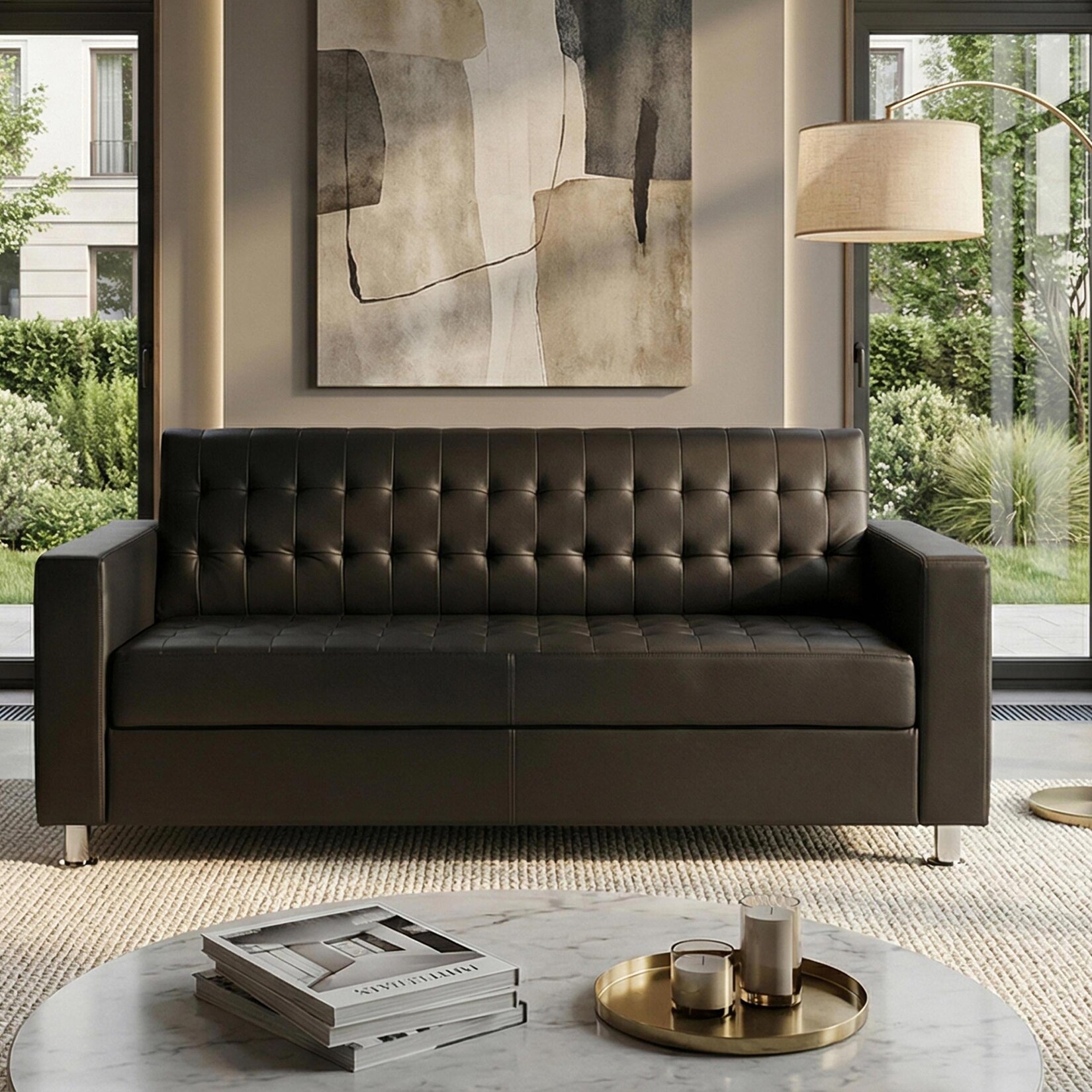 3er Sofa Pori, Couch Loungesofa, Kunstleder, Metall-Füße 180cm ~ coffee