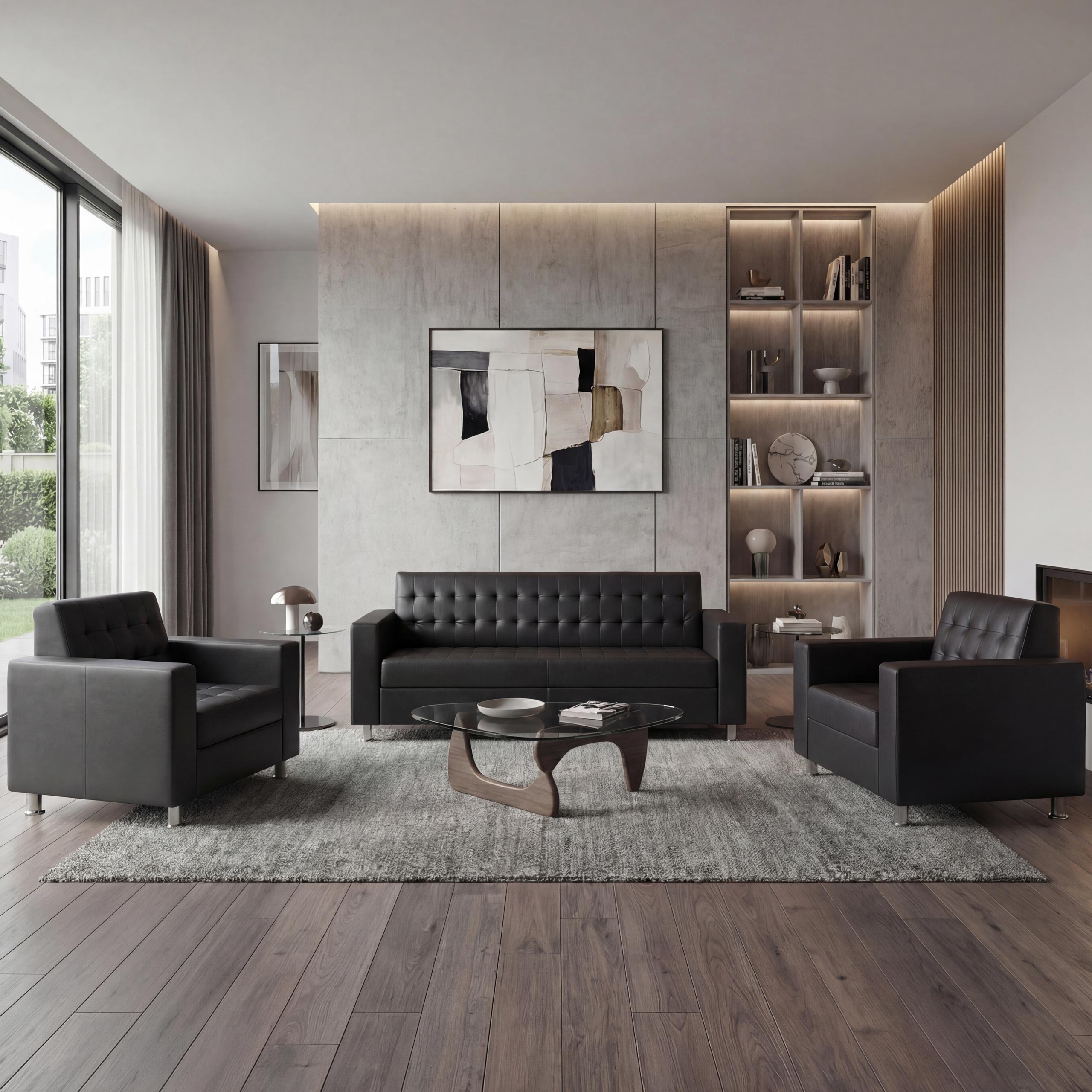 3-1-1 Sofagarnitur Pori, Couch Loungesofa Kunstleder, Metall-F&uuml;&szlig;e ~ schwarz - Bild 1