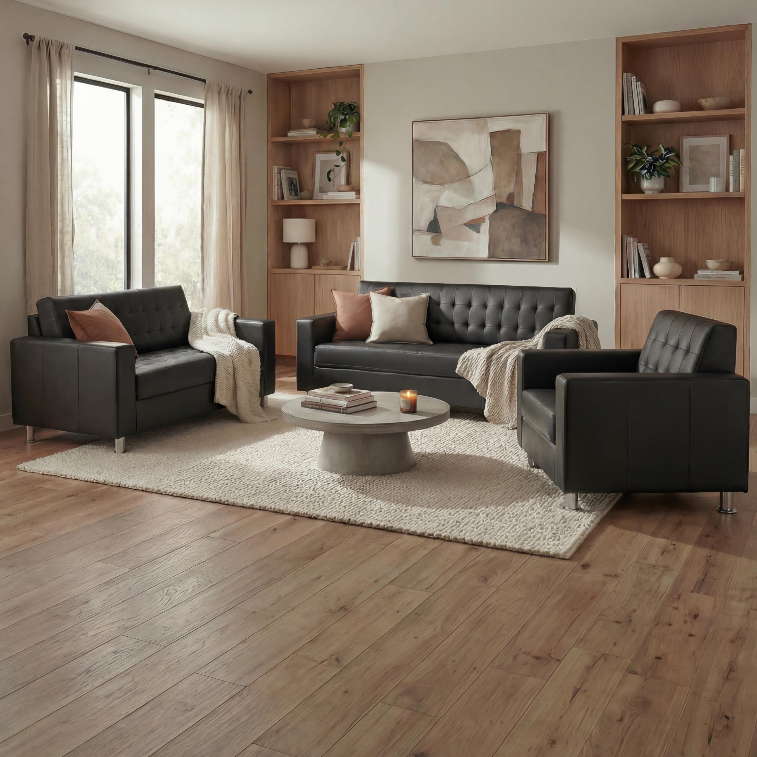 3-2-1 Sofagarnitur Pori, Couch Loungesofa Kunstleder, Metall-F&uuml;&szlig;e ~ schwarz - Bild 1