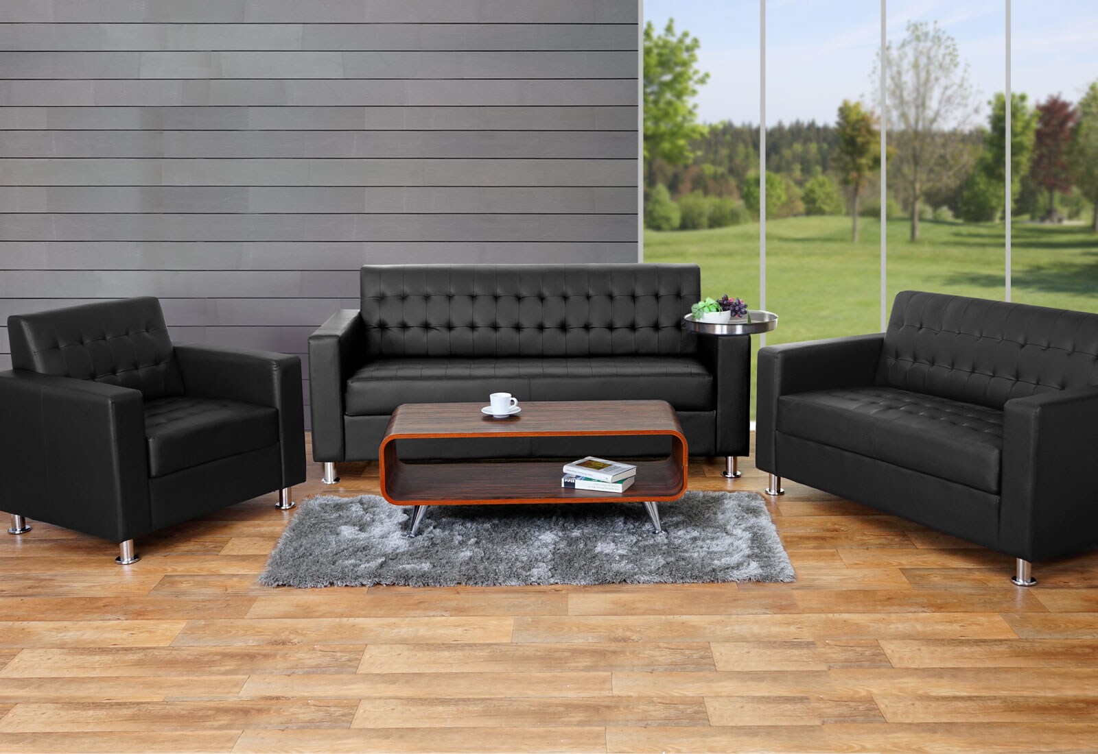 3-2-1 Sofagarnitur Pori, Couch Loungesofa Kunstleder, Metall-Füße ~ schwarz | 04057651152585