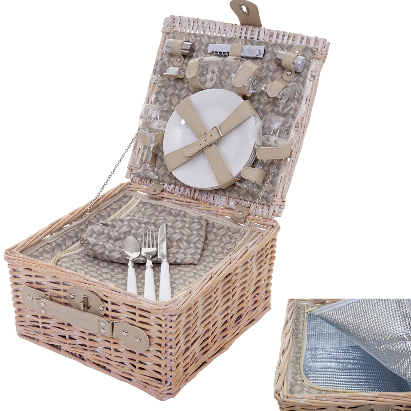 Picknicktasche für 4 Personen, Picknickkorb-Set + Kühlfach, Porzellan Glas Edelstahl, beige