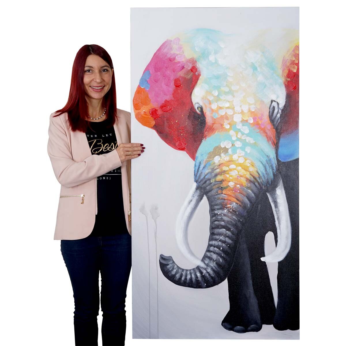 Wandbild Elefant II, 100% handgemaltes Ölgemälde Gemälde XL, 140x70cm