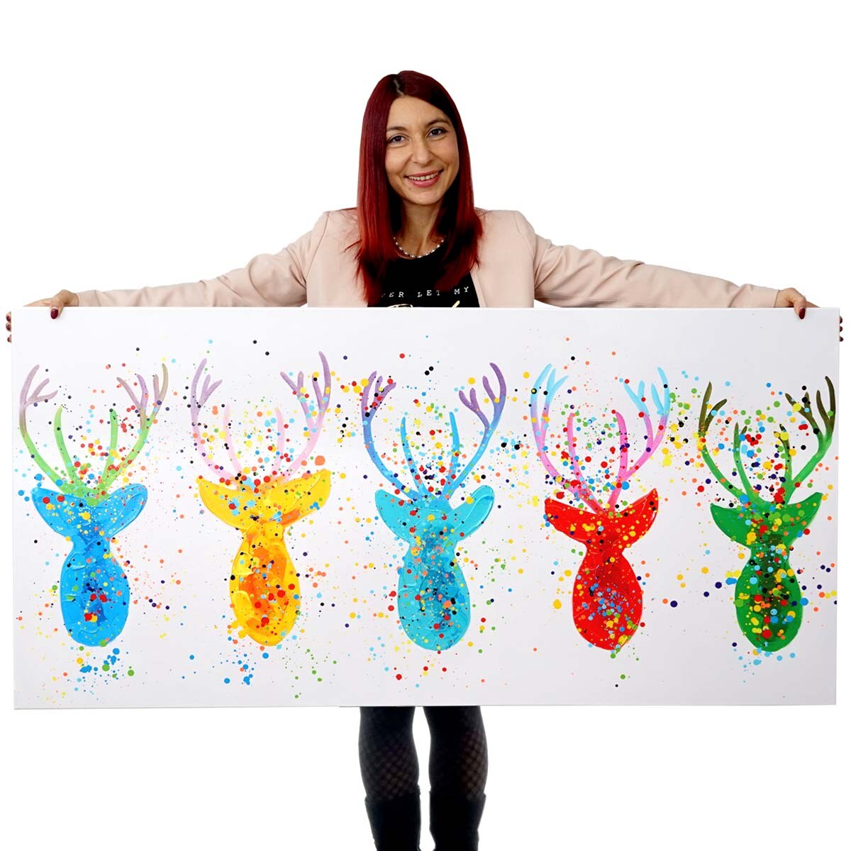 Wandbild Hirsche II, 100% handgemaltes Ölgemälde Gemälde XL, 140x70cm