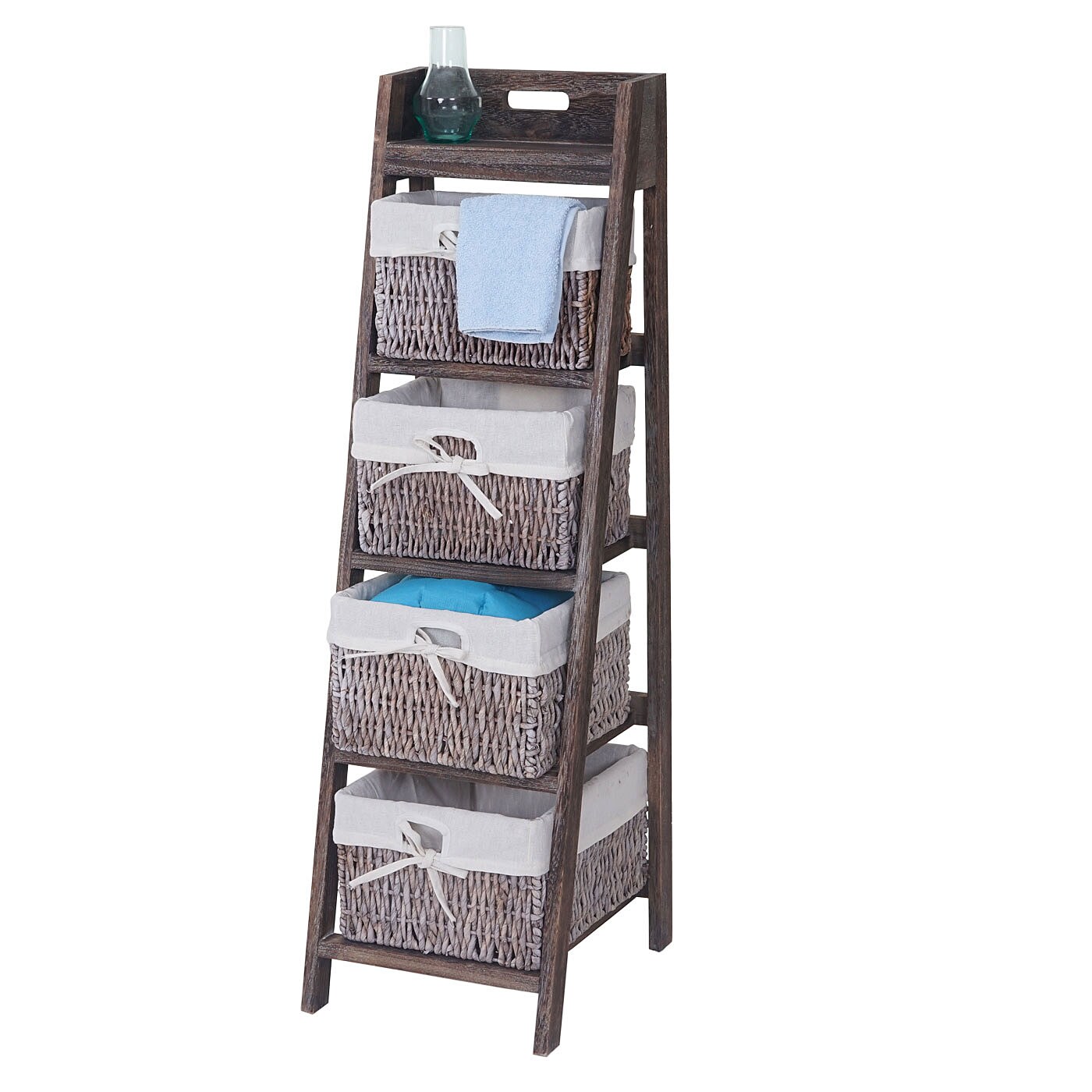 Leiterregal Franca, Regal Standregal mit 4 Korbschubladen 101x30cm, Shabby-Look, Vintage, braun - Bild 1