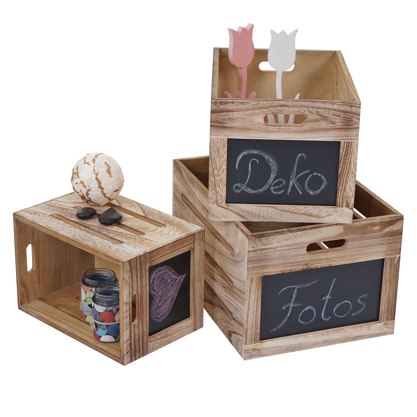 3er Set Holzkiste MCW-E11, Aufbewahrungsbox mit Tafel, Shabby-Look ~ naturbraun - Bild 1