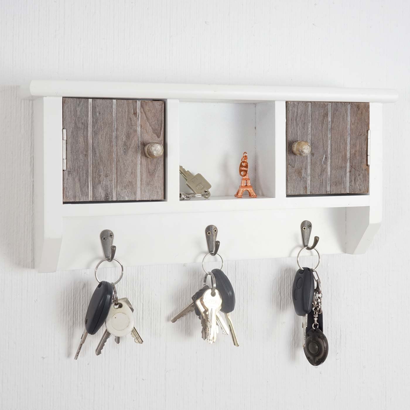 Schl&uuml;sselbrett MCW-A48, Schl&uuml;sselkasten Schl&uuml;sselboard mit T&uuml;ren, Massiv-Holz MVG-zertifiziert ~ shabby braun-wei&szlig; - Bild 1