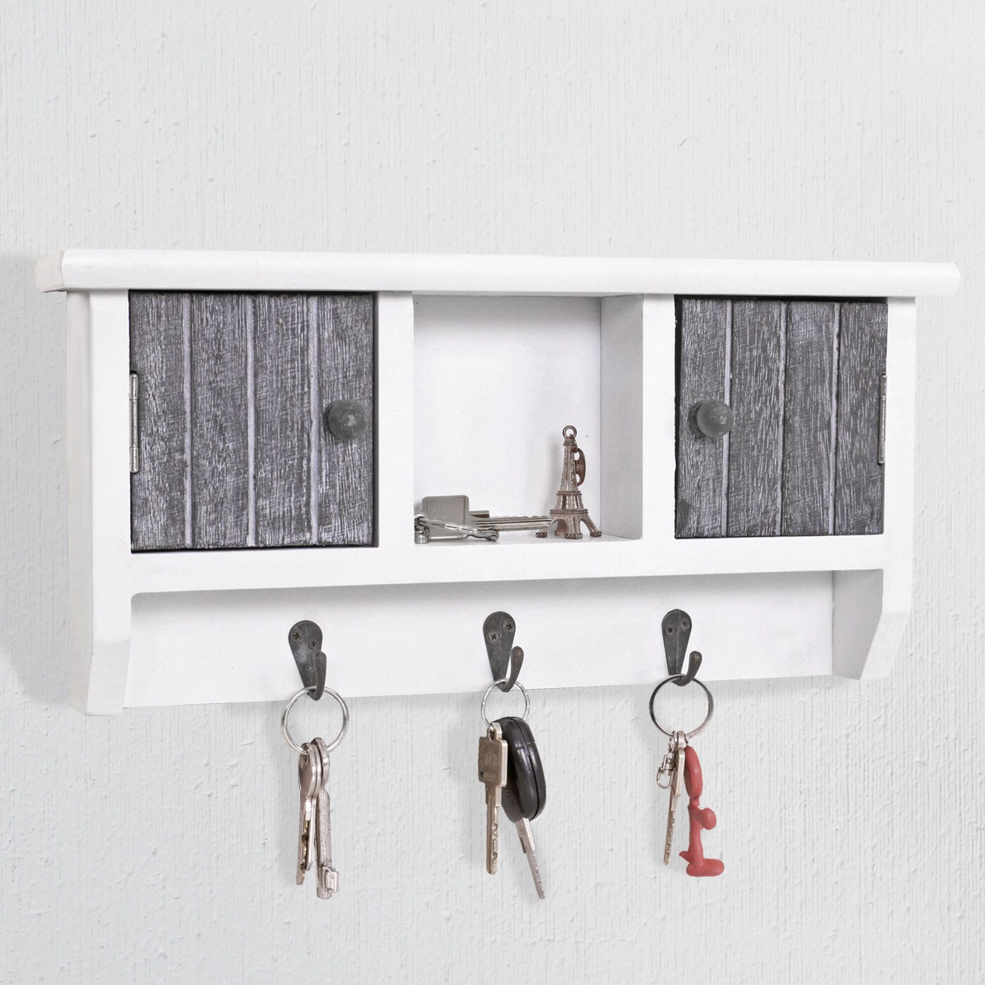 Schlüsselbrett MCW-A48, Schlüsselkasten Schlüsselboard mit Türen, Massiv-Holz MVG-zertifiziert ~ shabby grau-weiß
