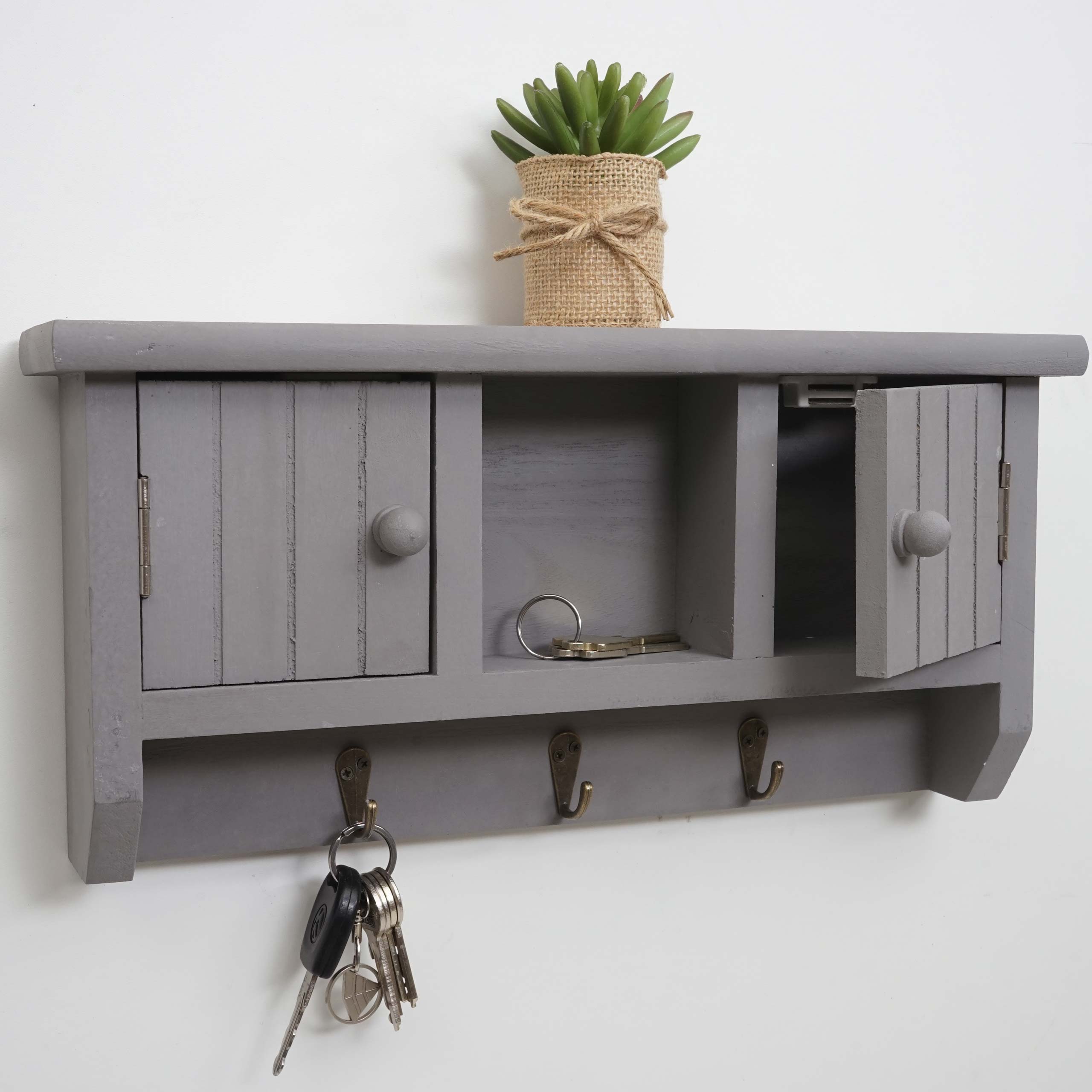 Schl&uuml;sselbrett MCW-A48, Schl&uuml;sselkasten Schl&uuml;sselboard mit T&uuml;ren, Massiv-Holz MVG-zertifiziert ~ grau - Bild 1