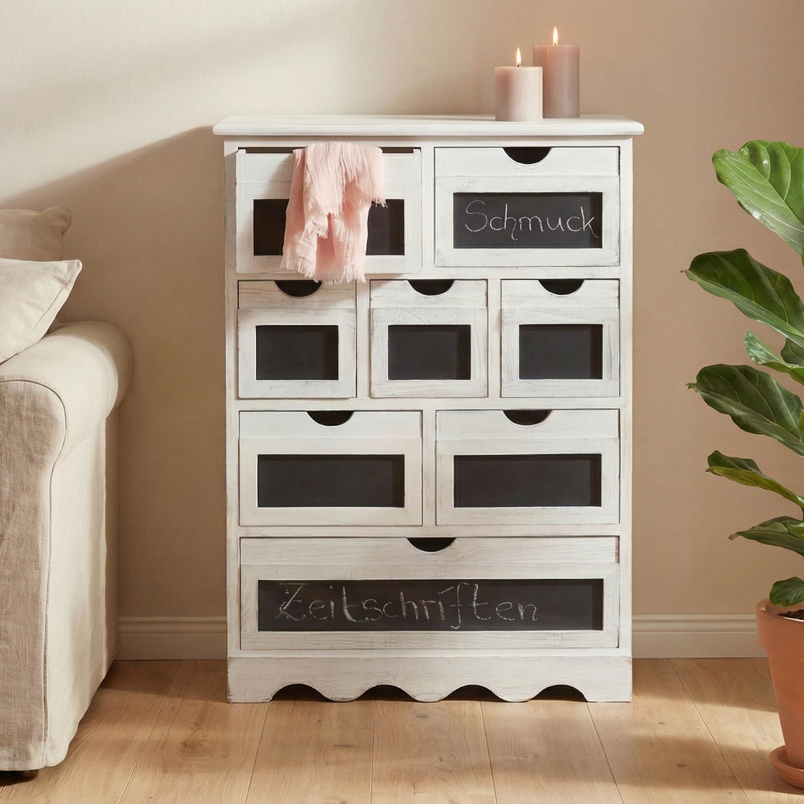 Kommode Venlo, Schubladenschrank mit Tafel, Shabby-Look Vintage MVG-zertifiziert 87x60x30cm ~ weiß | 04057651120072