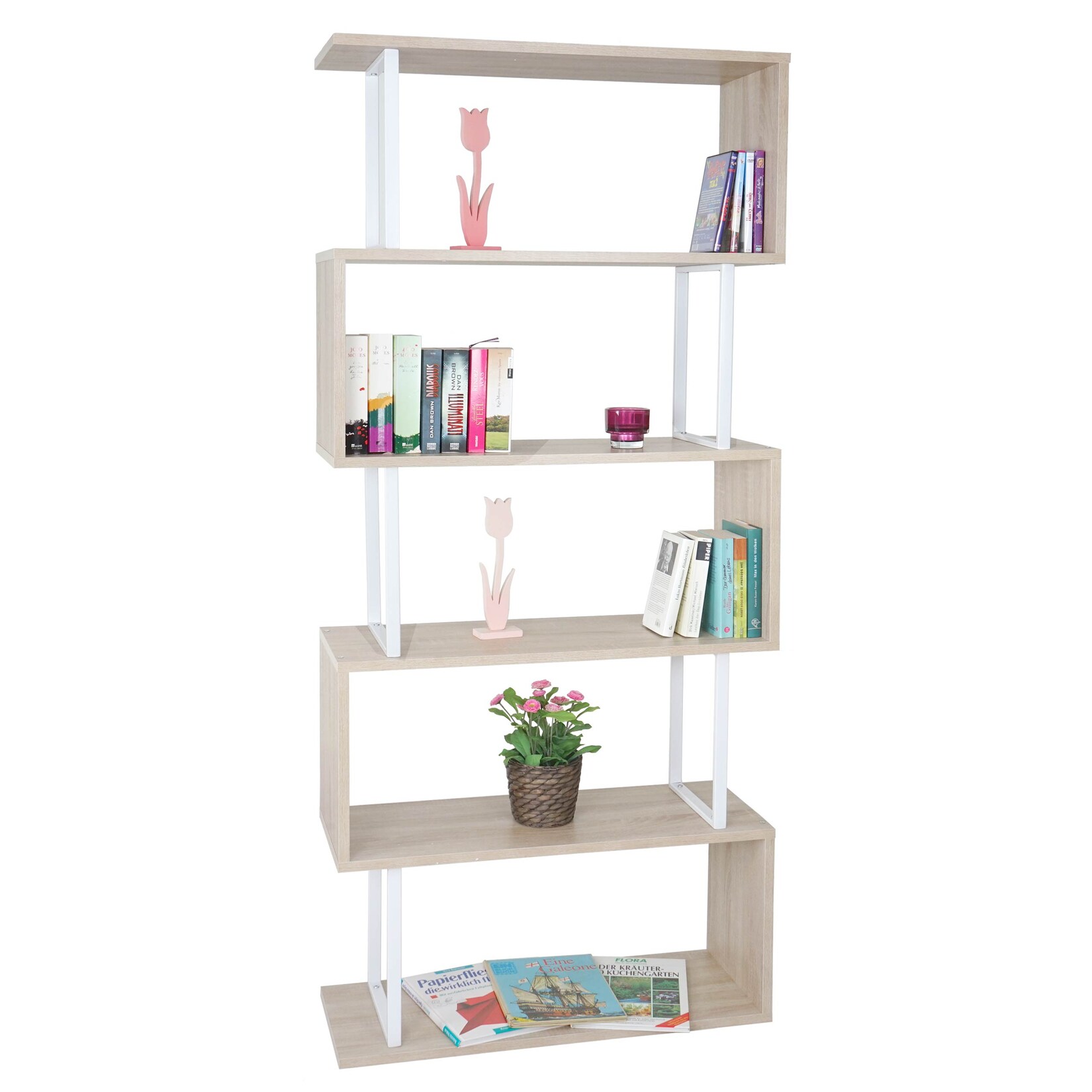 Bücherregal MCW-A27, Standregal Wohnregal, 183x80cm 3D-Struktur 5 Ebenen ~ Eiche-Optik, Metall weiß