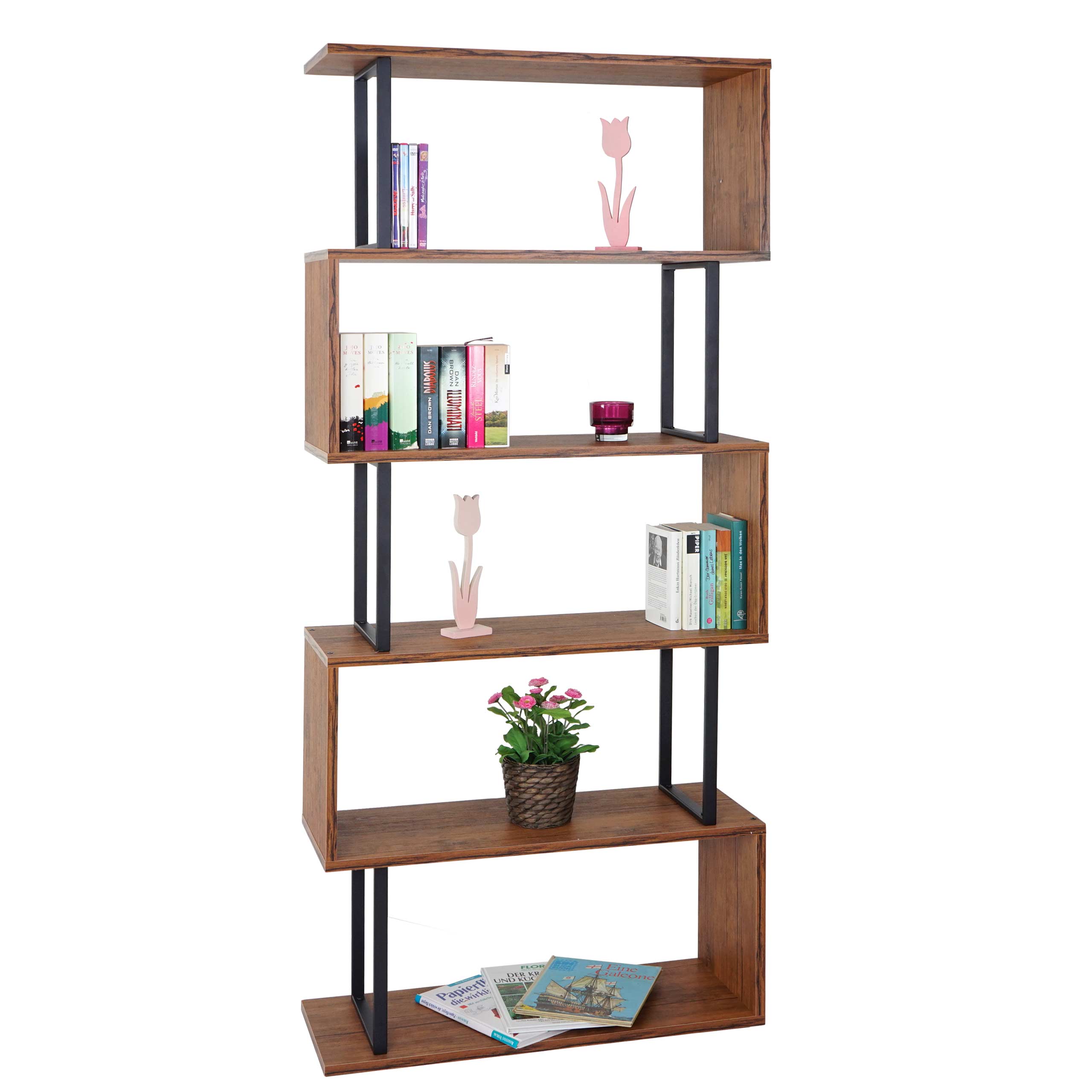 B&uuml;cherregal MCW-A27, Standregal Wohnregal, 183x80cm 3D-Struktur 5 Ebenen ~ Wildeiche-Optik, Metall schwarz - Bild 1