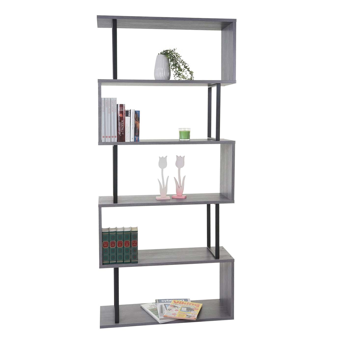 B&uuml;cherregal MCW-A27, Standregal Wohnregal, 183x80cm 3D-Struktur 5 Ebenen ~ grau, Metall schwarz - Bild 1