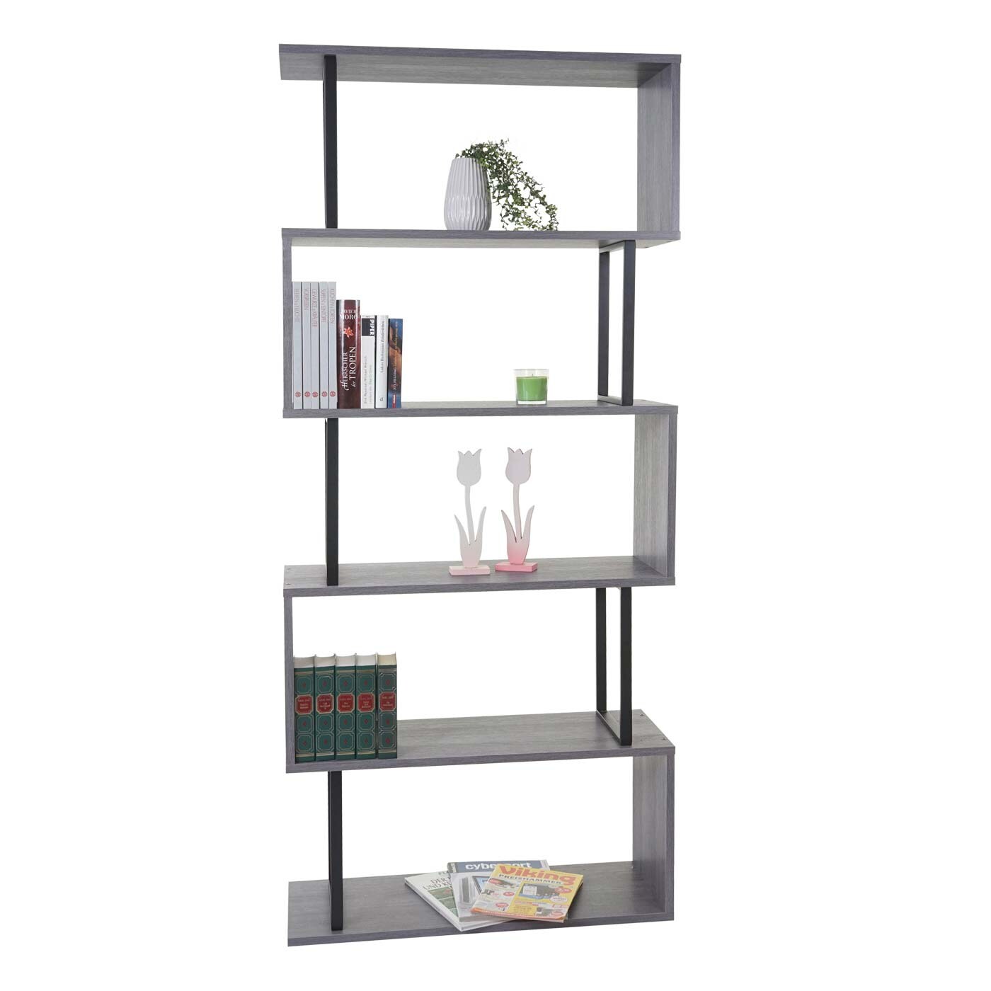 Bücherregal MCW-A27, Standregal Wohnregal, 183x80cm 3D-Struktur 5 Ebenen ~ grau, Metall schwarz | 04057651232058