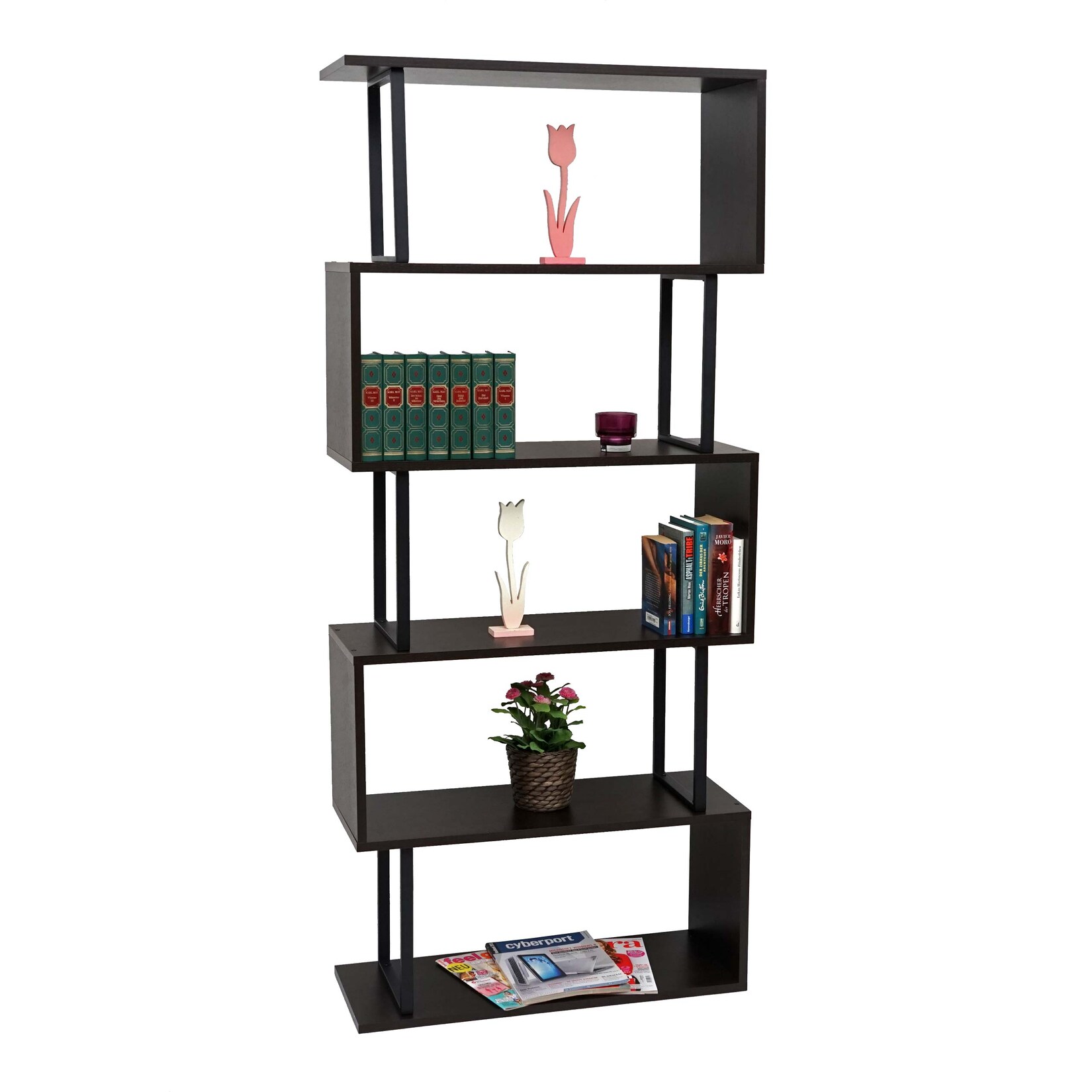 Bücherregal MCW-A27, Standregal Wohnregal, 183x80cm 3D-Struktur 5 Ebenen ~ dunkelbraun, Metall schwarz