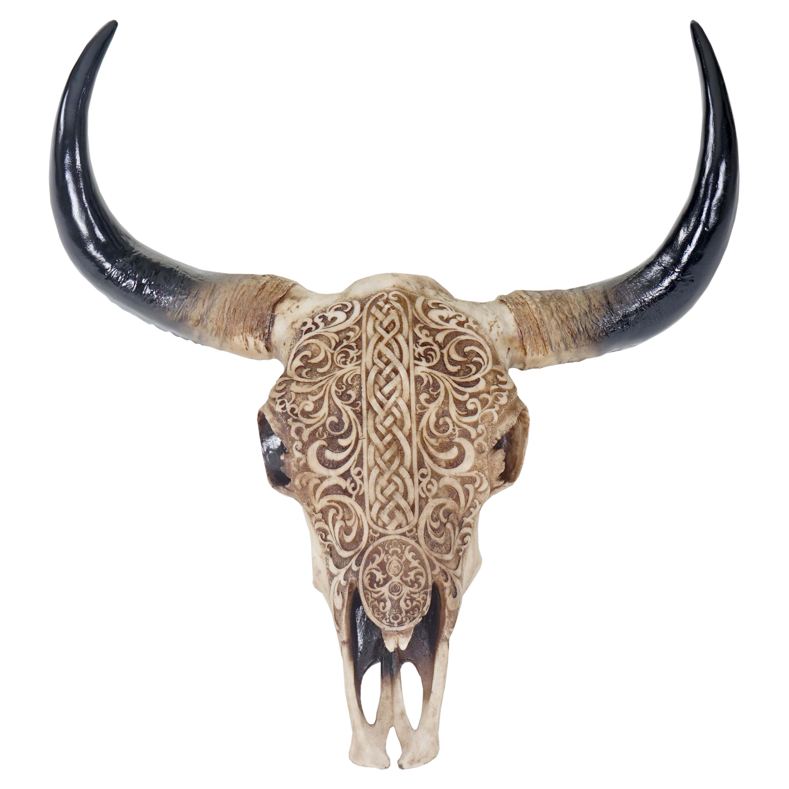 Deko Skull 45cm, Polyresin Stier Bulle Longhorn Kopf Troph&auml;e mit Tribal, In-/Outdoor - Bild 1