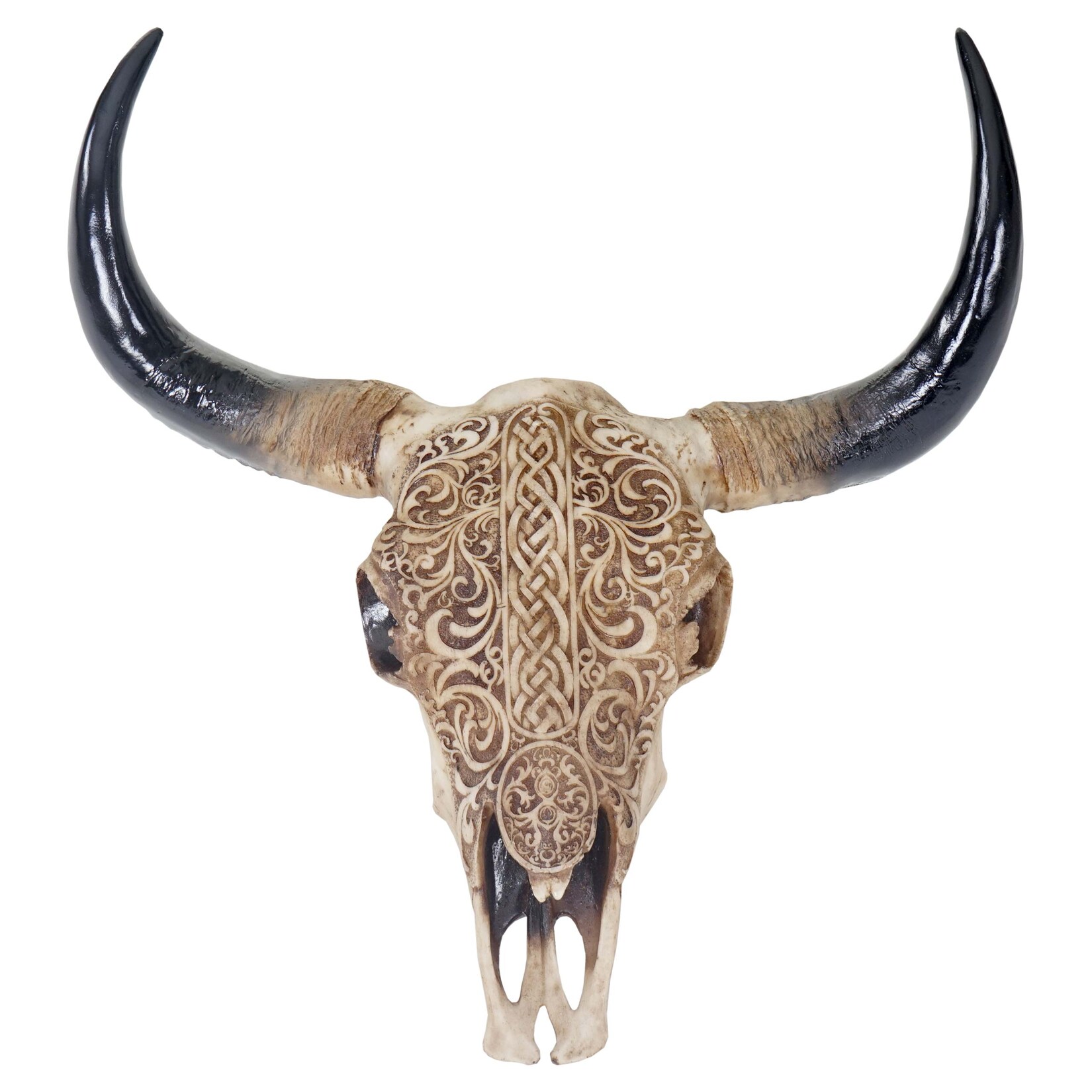Deko Skull 45cm, Polyresin Stier Bulle Longhorn Kopf Trophäe mit Tribal, In-/Outdoor | 04057651503226