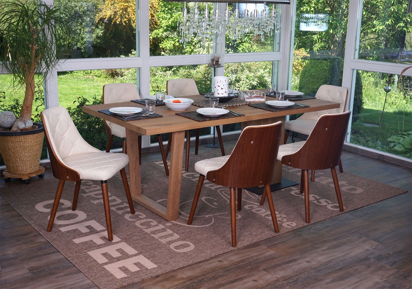 6er-Set Esszimmerstuhl MCW-A75, Besucherstuhl K&uuml;chenstuhl, Walnuss-Optik Bugholz ~ Kunstleder creme - Bild 1