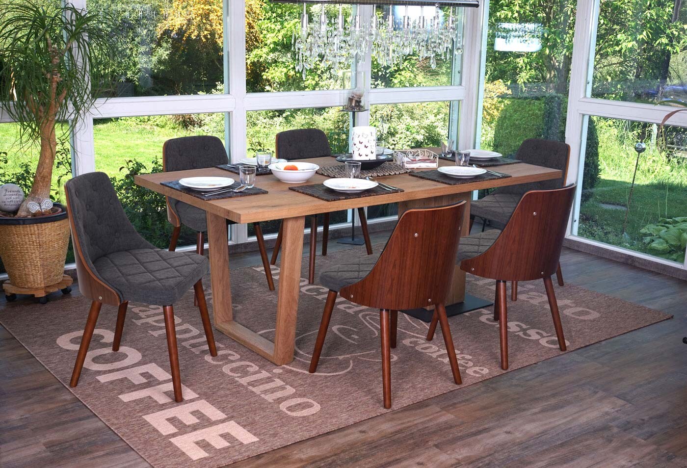 6er-Set Esszimmerstuhl MCW-A75, Besucherstuhl Küchenstuhl, Walnuss-Optik Bugholz ~ Textil grau