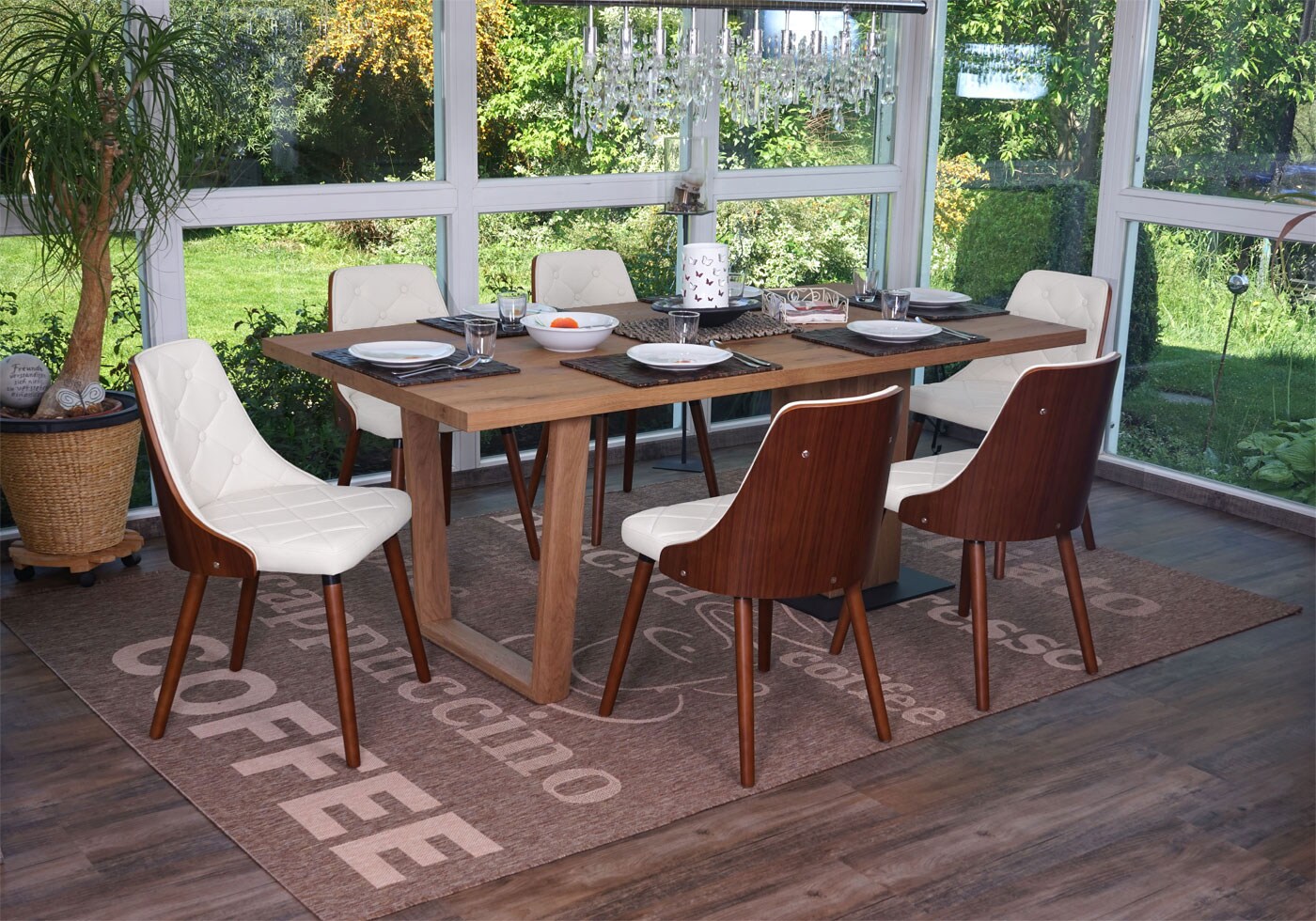 6er-Set Esszimmerstuhl MCW-A75, Besucherstuhl K&uuml;chenstuhl, Walnuss-Optik Bugholz ~ Kunstleder wei&szlig; - Bild 1