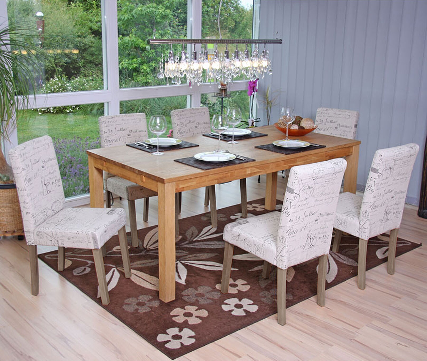 6er-Set Esszimmerstuhl Littau, Stuhl K&uuml;chenstuhl ~ Textil mit Schriftzug, creme, Beine Struktur - Eiche - Bild 1