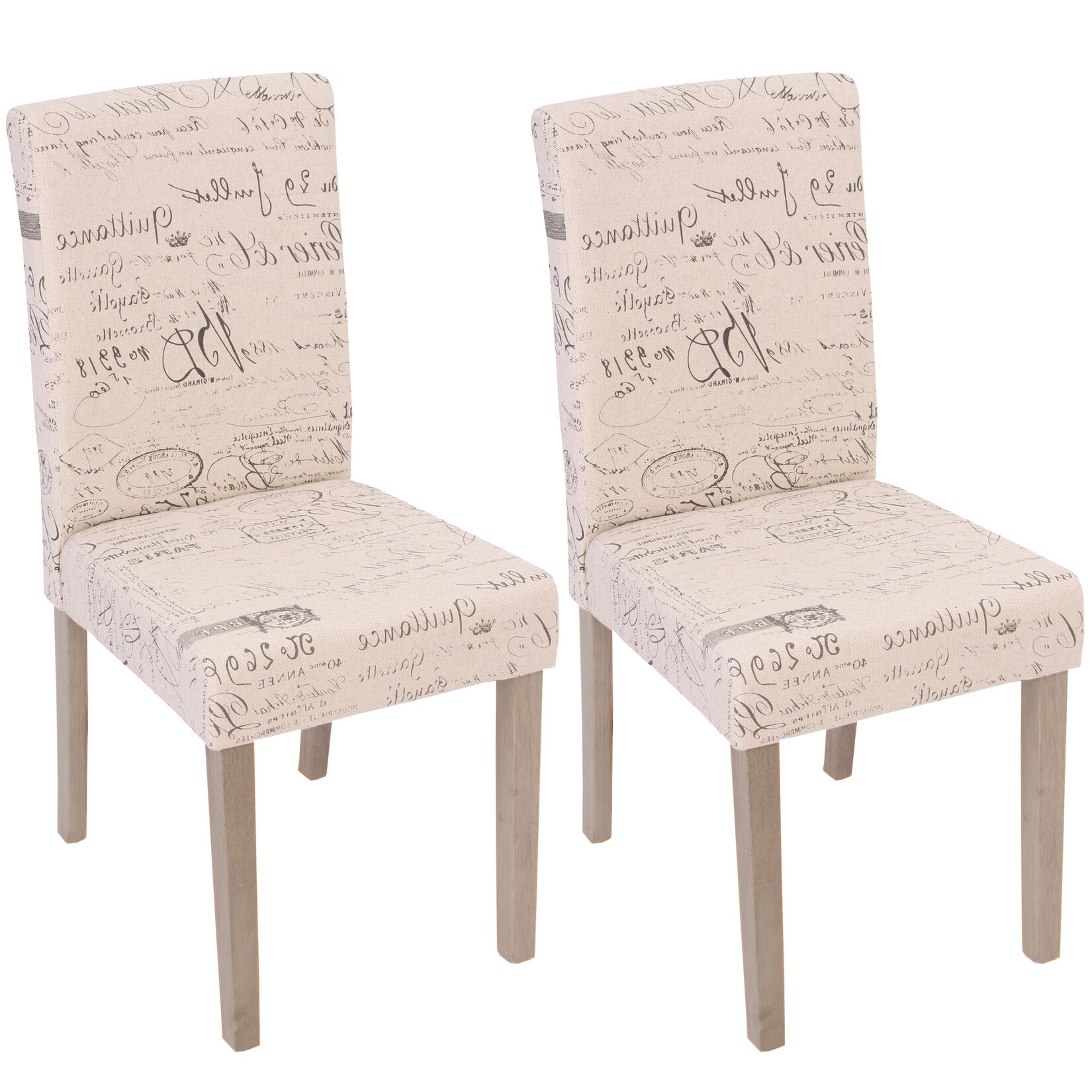 2er-Set Esszimmerstuhl Littau, Stuhl Küchenstuhl ~ Textil mit Schriftzug, creme, Beine Struktur - Eiche