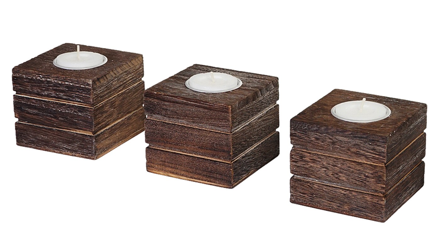 3er Set Teelichtst&auml;nder Tolve, Teelichthalter, Shabby-Look Vintage 7x8x8cm ~ braun - Bild 1