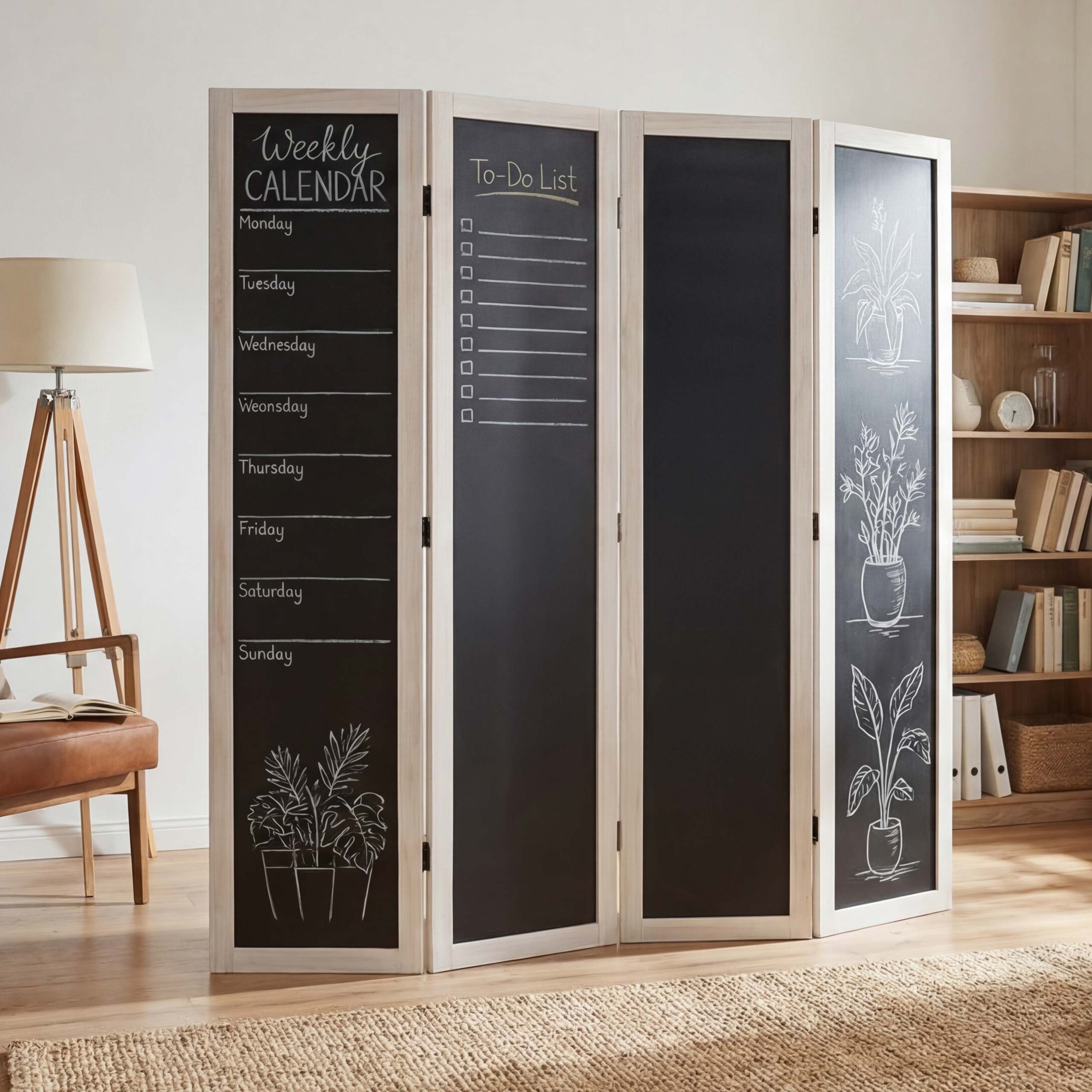 Paravent Kreide, Raumteiler Trennwand Sichtschutz, Tafelfunktion, 155x137x2cm - Bild 1