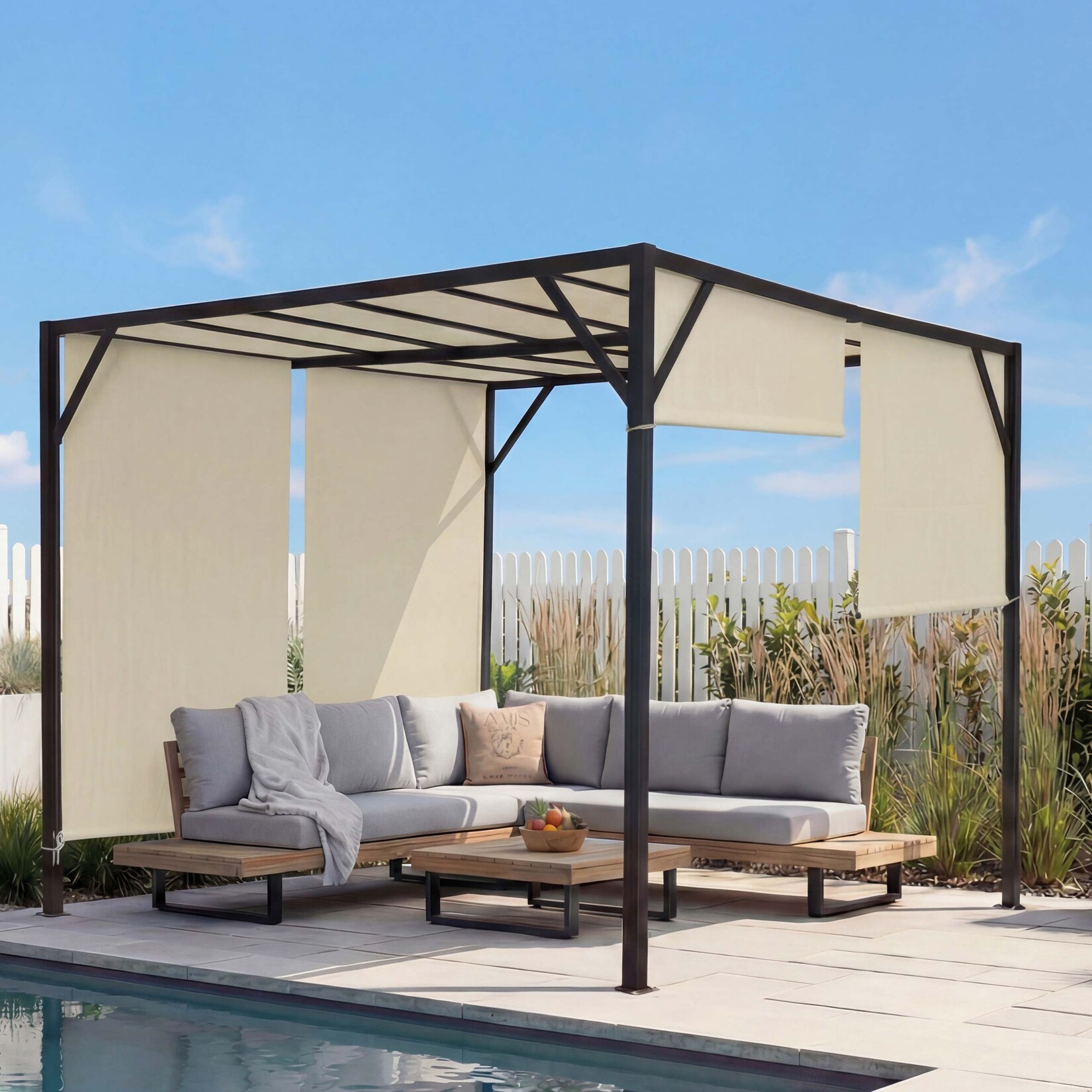 Pergola Beja, Garten Pavillon Terrassenüberdachung, stabiles 6cm-Stahl-Gestell + Schiebedach ~ 3x3m
