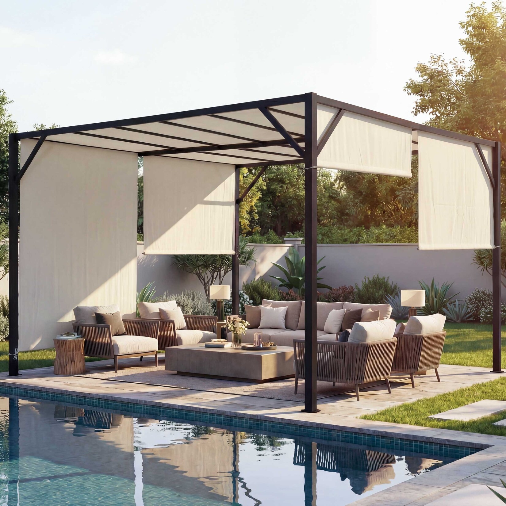 Pergola Beja, Garten Pavillon Terrassenüberdachung, stabiles 6cm-Stahl-Gestell + Schiebedach ~ 4x3m