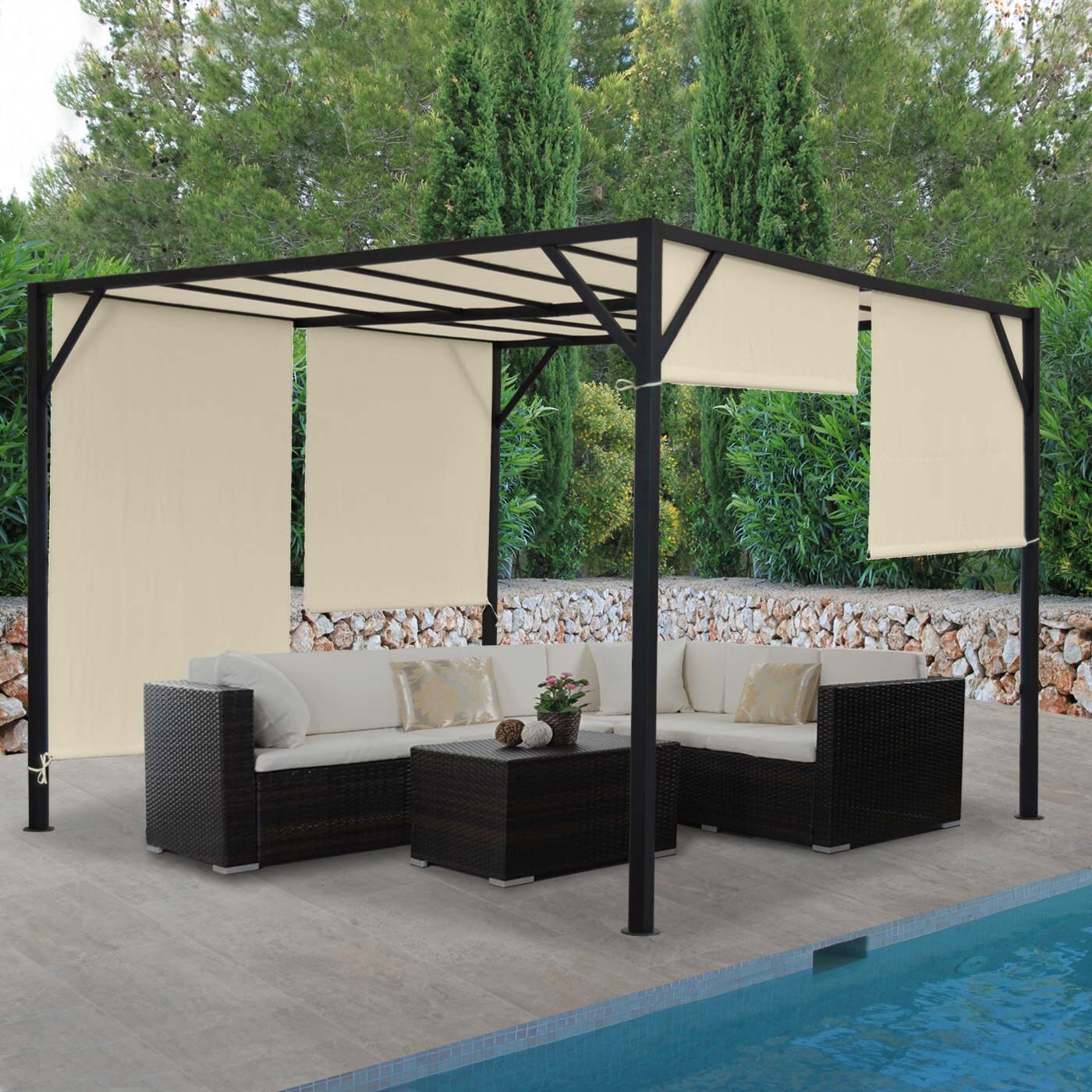 Pergola Beja, Garten Pavillon Terrassenüberdachung, stabiles 6cm-Stahl-Gestell + Schiebedach ~ 4x4m | 04057651500089