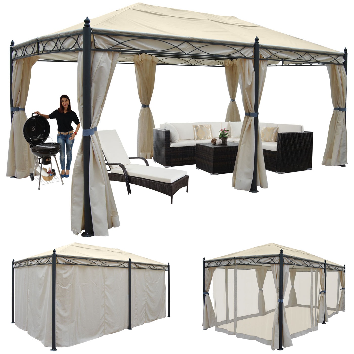 Pergola Calpe, Garten Pavillon, stabiles 7cm-Gestell 5x3m ~ creme mit Seitenwand + Moskitonetz - Bild 1