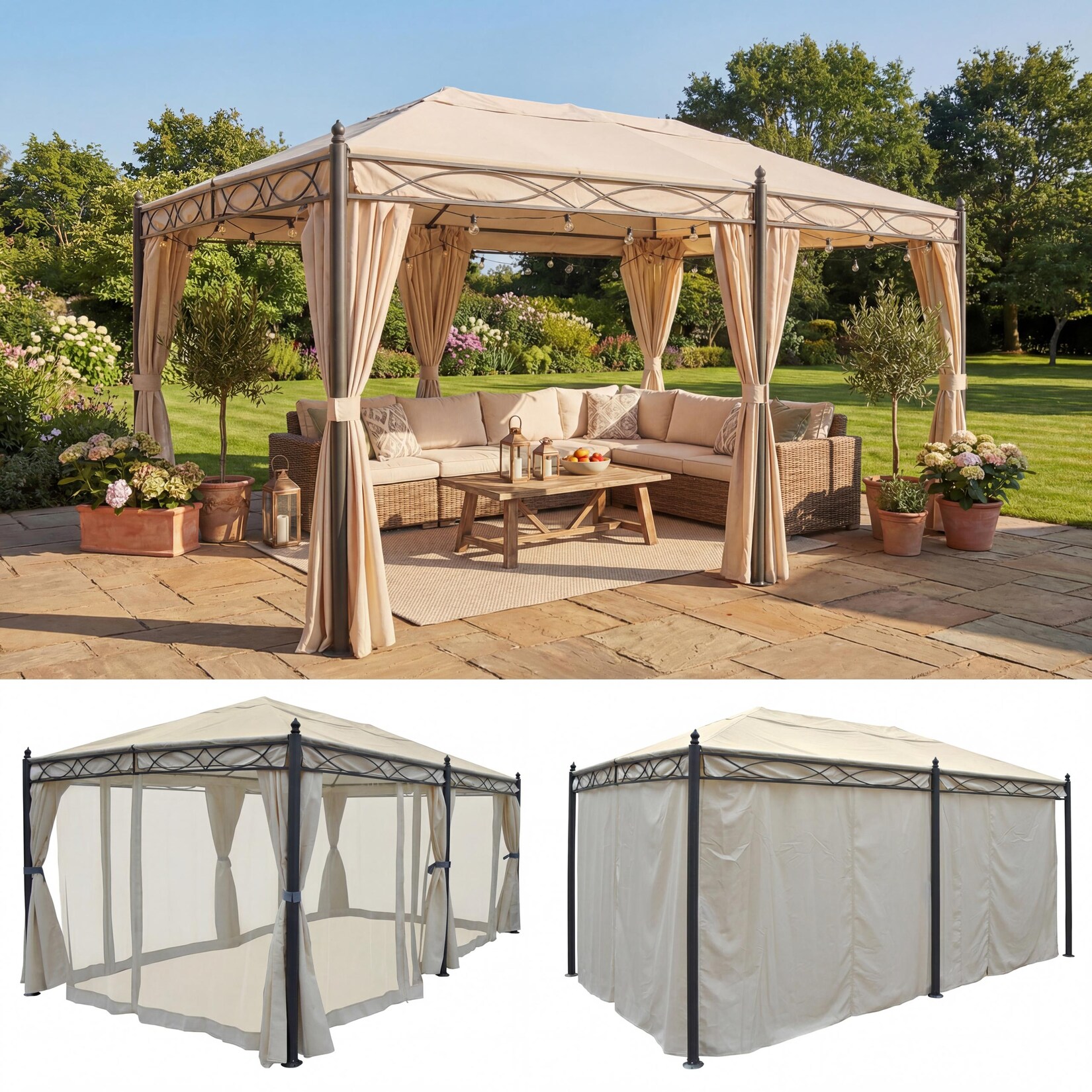 Pergola Calpe, Garten Pavillon, stabiles 7cm-Gestell 5x3m ~ creme mit Seitenwand + Moskitonetz