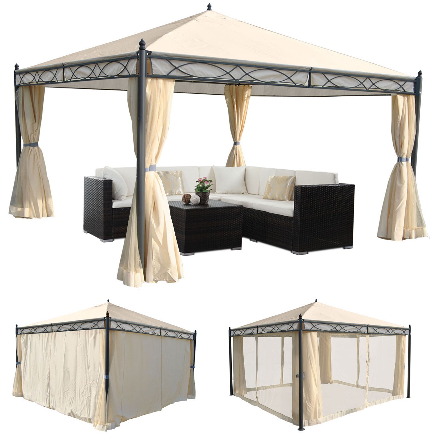 Pergola Calpe, Garten Pavillon, stabiles 7cm-Gestell mit Seitenwand + Moskitonetz ~ creme 4x4m - Bild 1