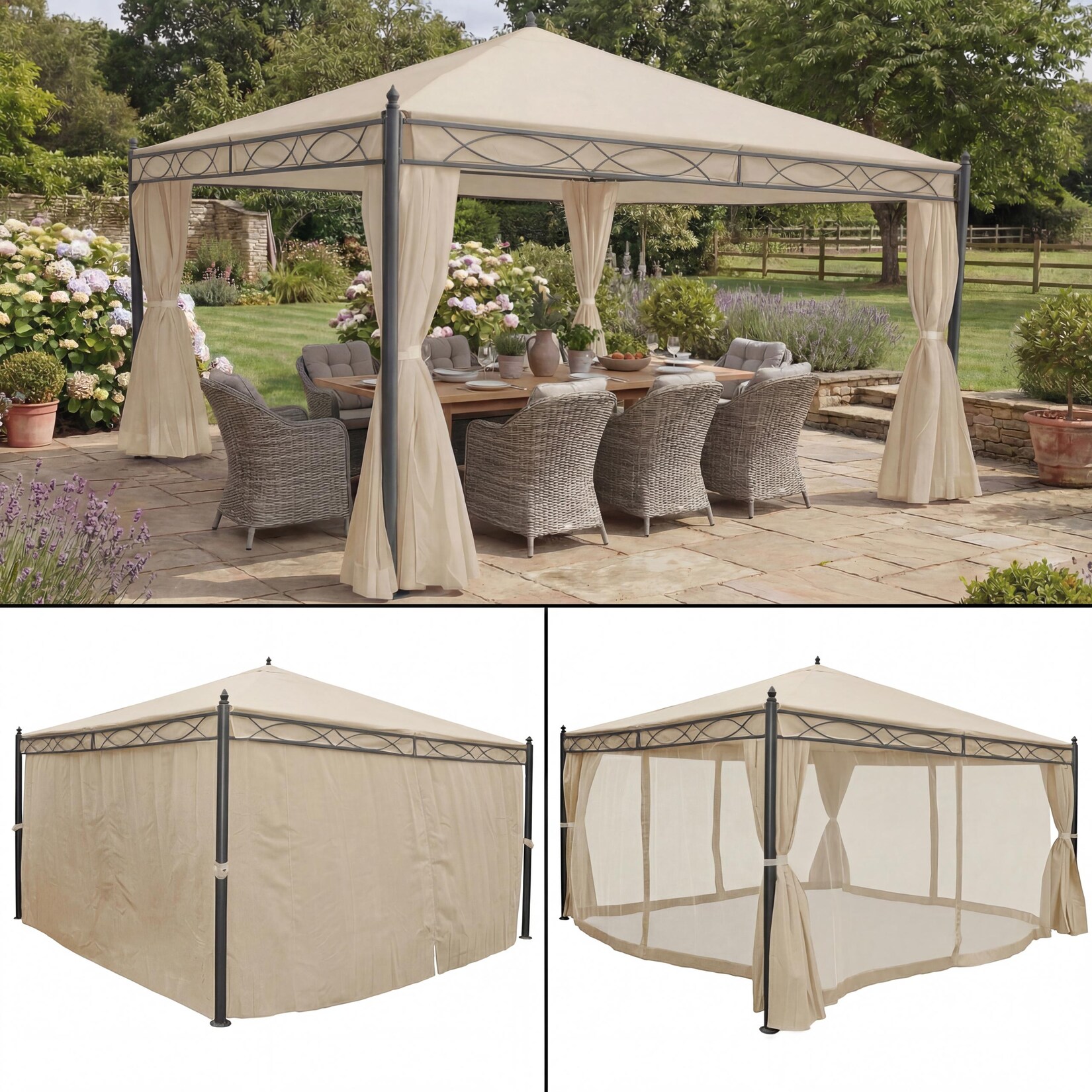 Pergola Calpe, Garten Pavillon, stabiles 7cm-Gestell mit Seitenwand + Moskitonetz ~ creme 4x4m